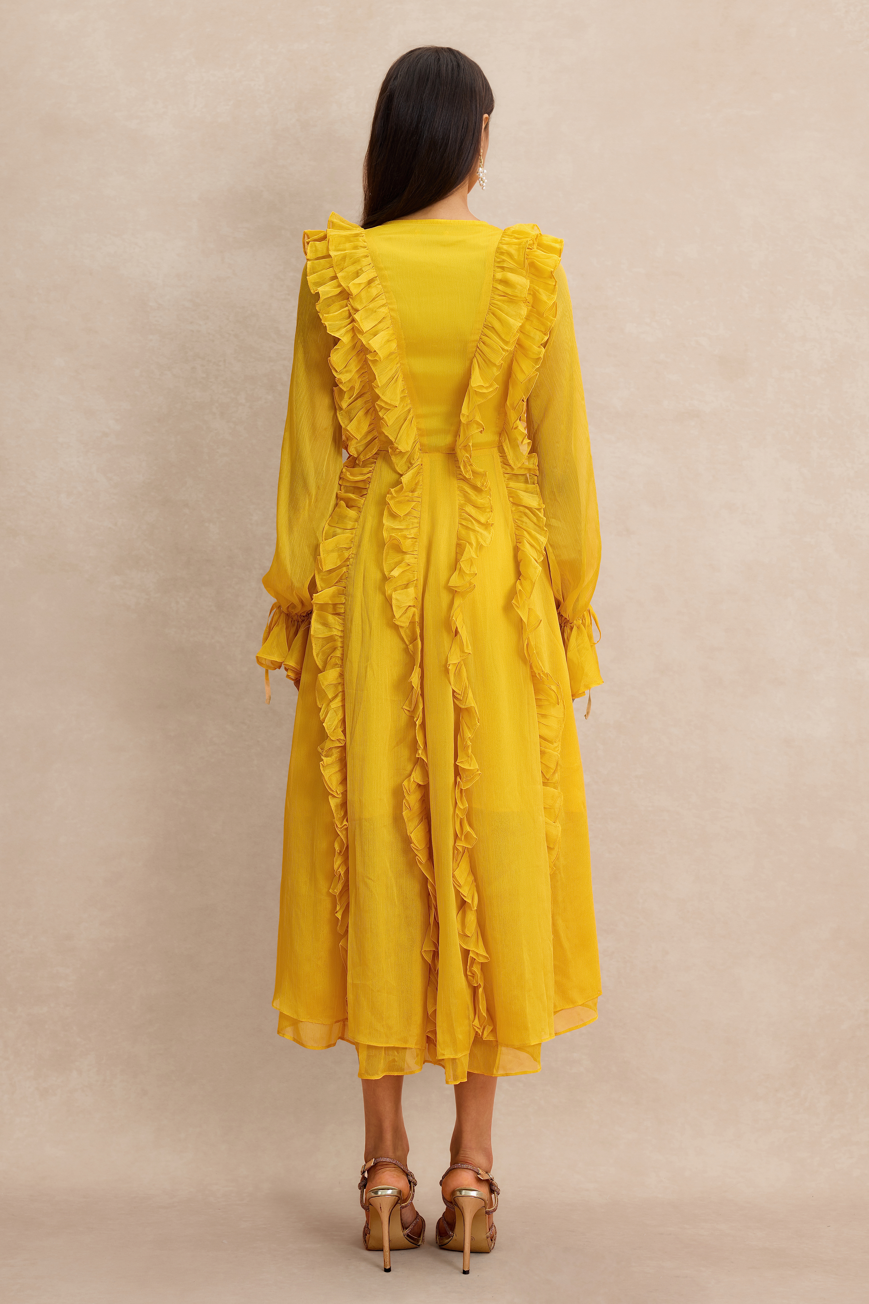 Ruffle Lace-Up Long Sleeve Midi Dress