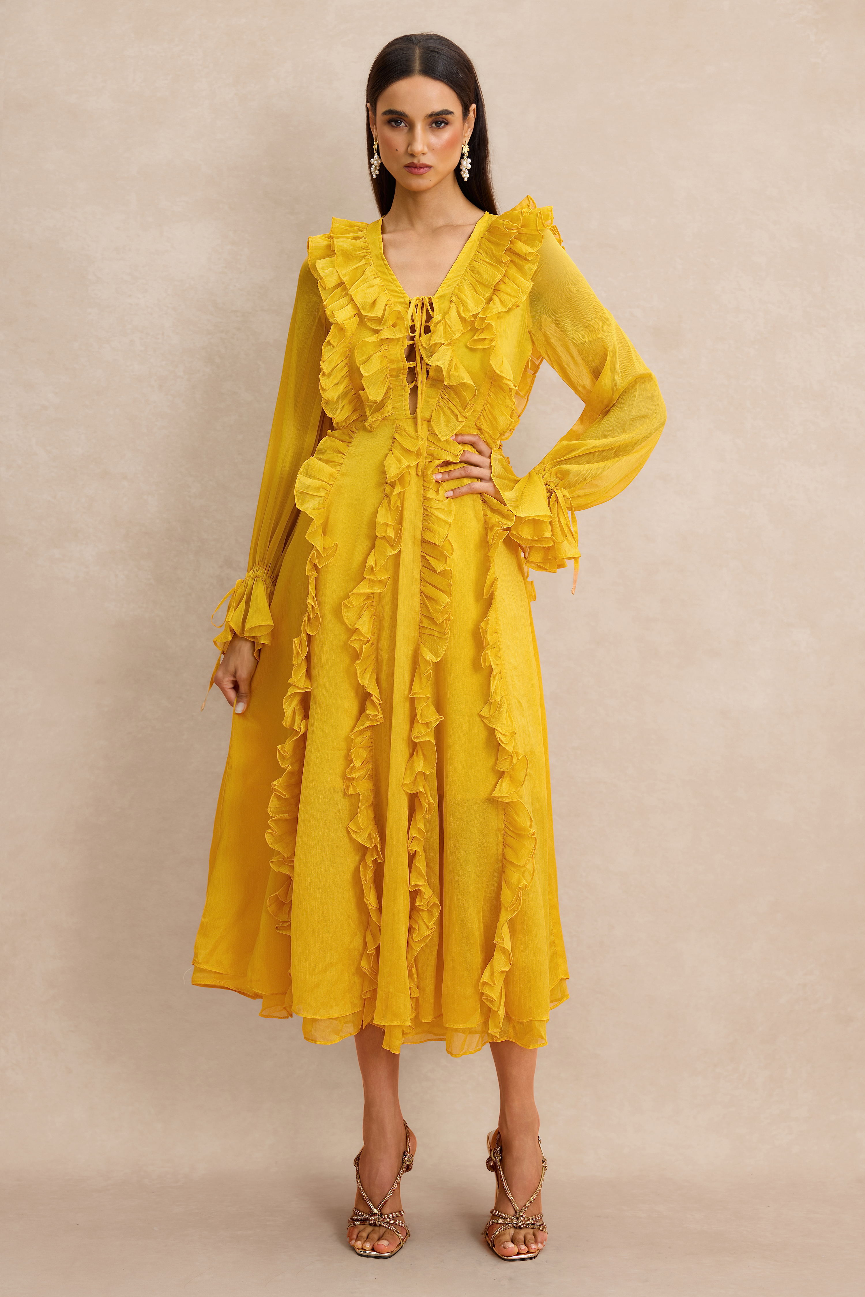 Ruffle Lace-Up Long Sleeve Midi Dress
