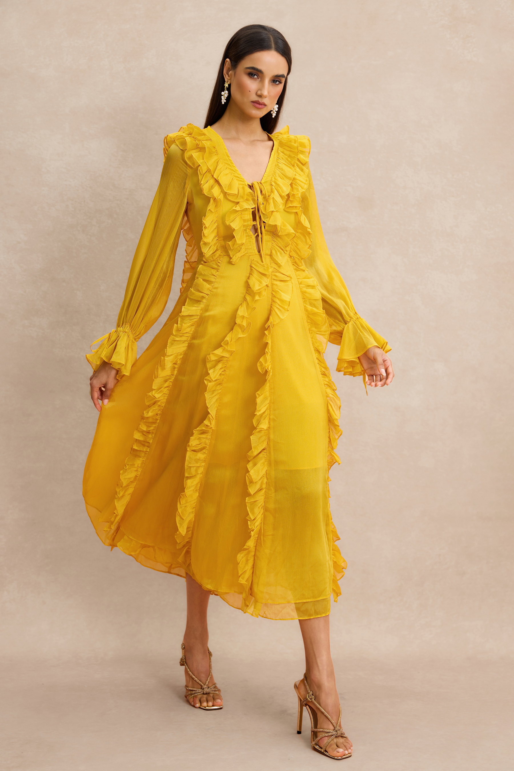 Ruffle Lace-Up Long Sleeve Midi Dress