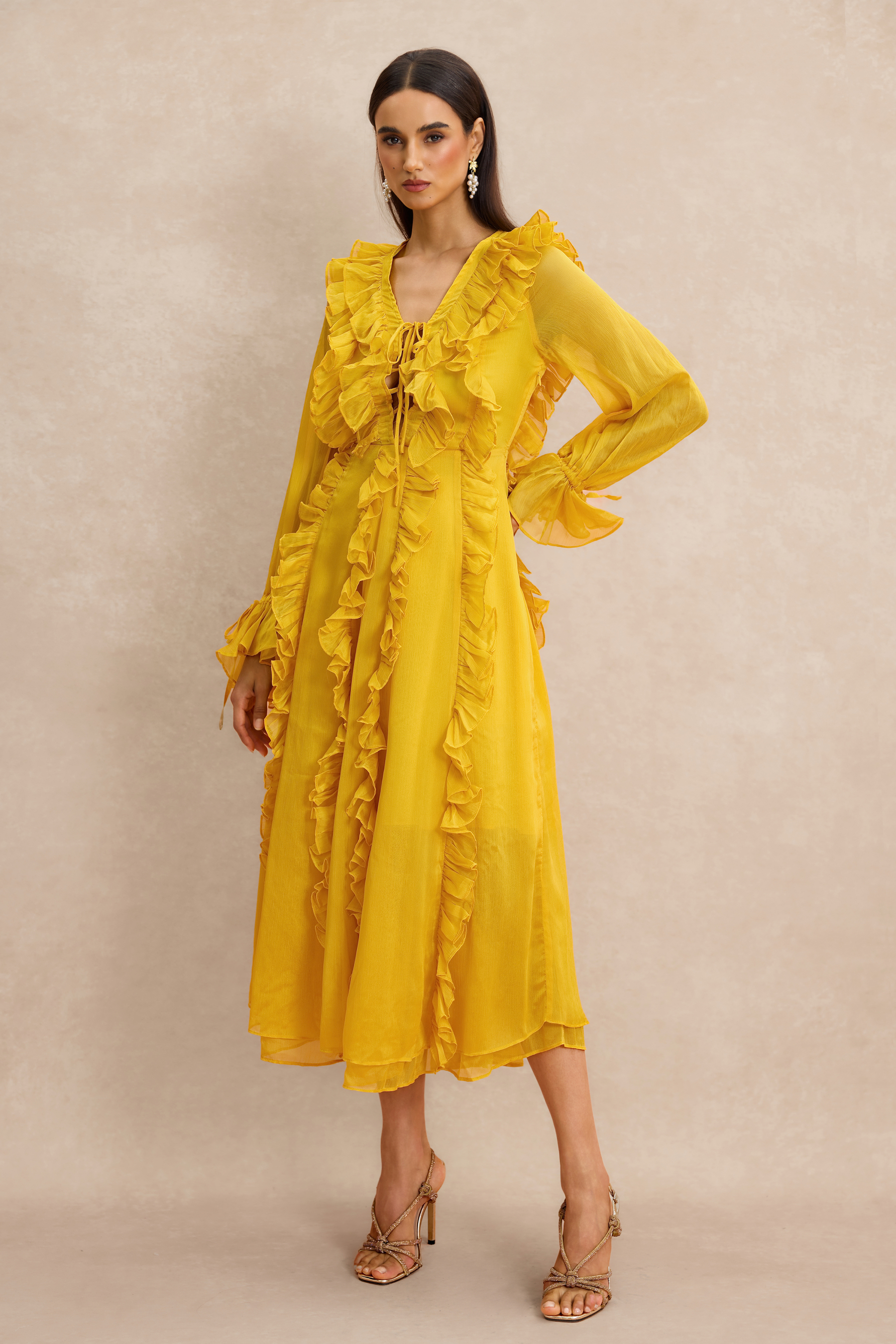 Ruffle Lace-Up Long Sleeve Midi Dress