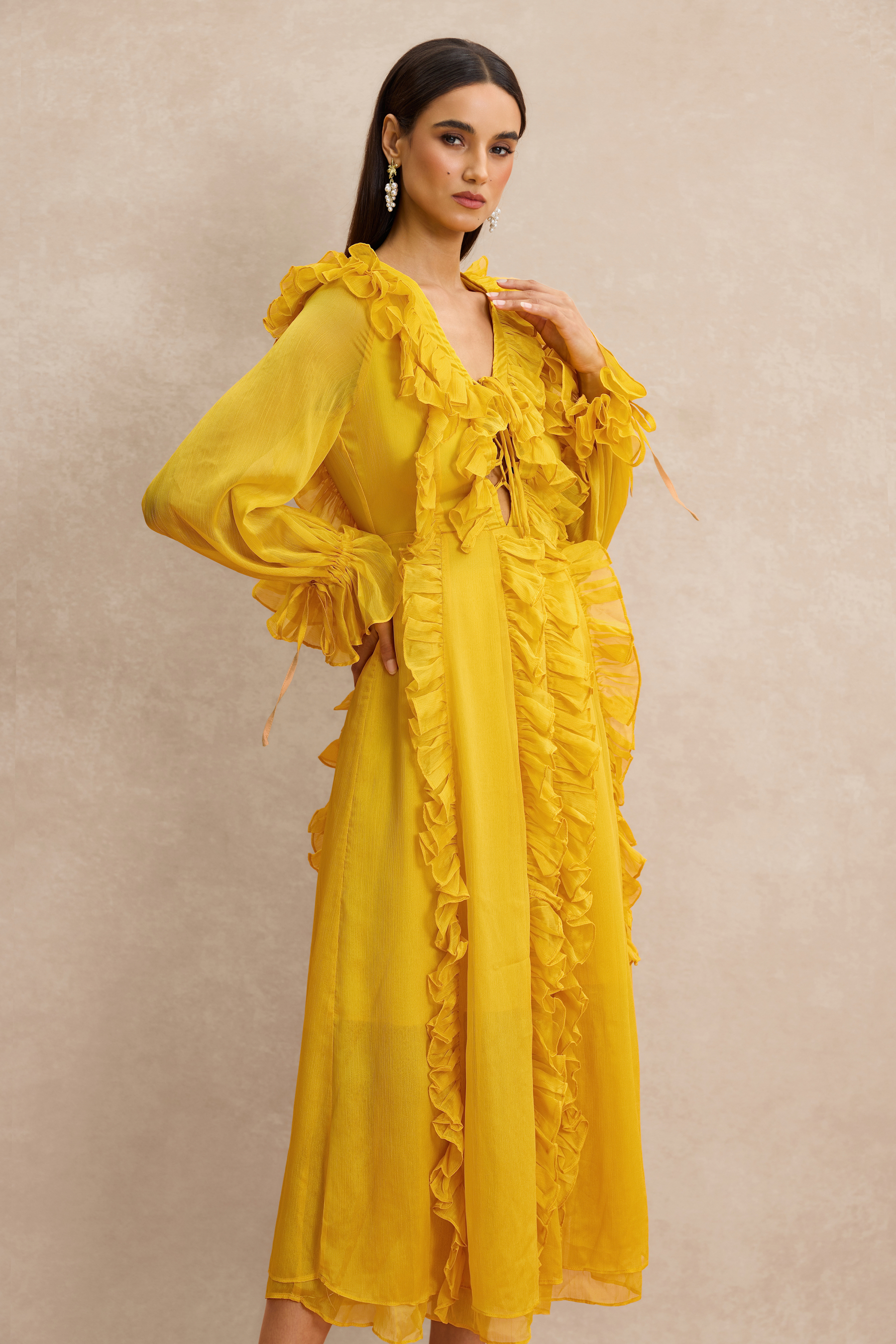 Ruffle Lace-Up Long Sleeve Midi Dress