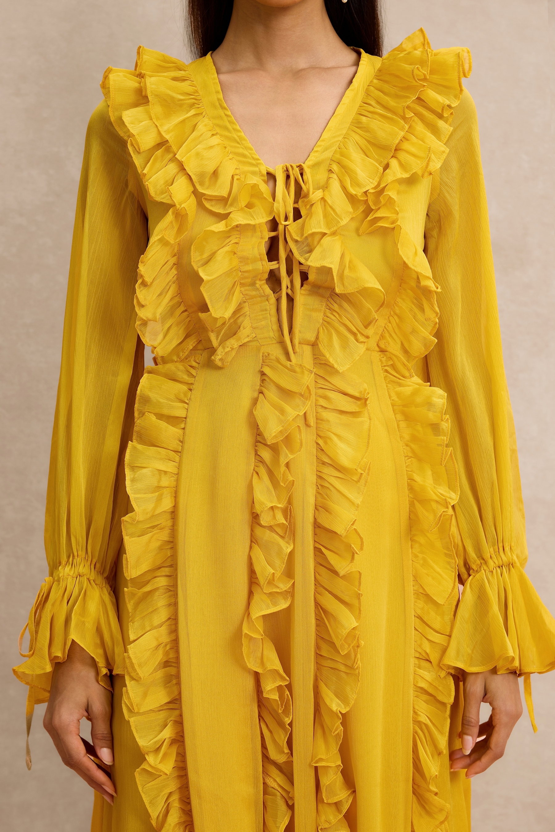 Ruffle Lace-Up Long Sleeve Midi Dress