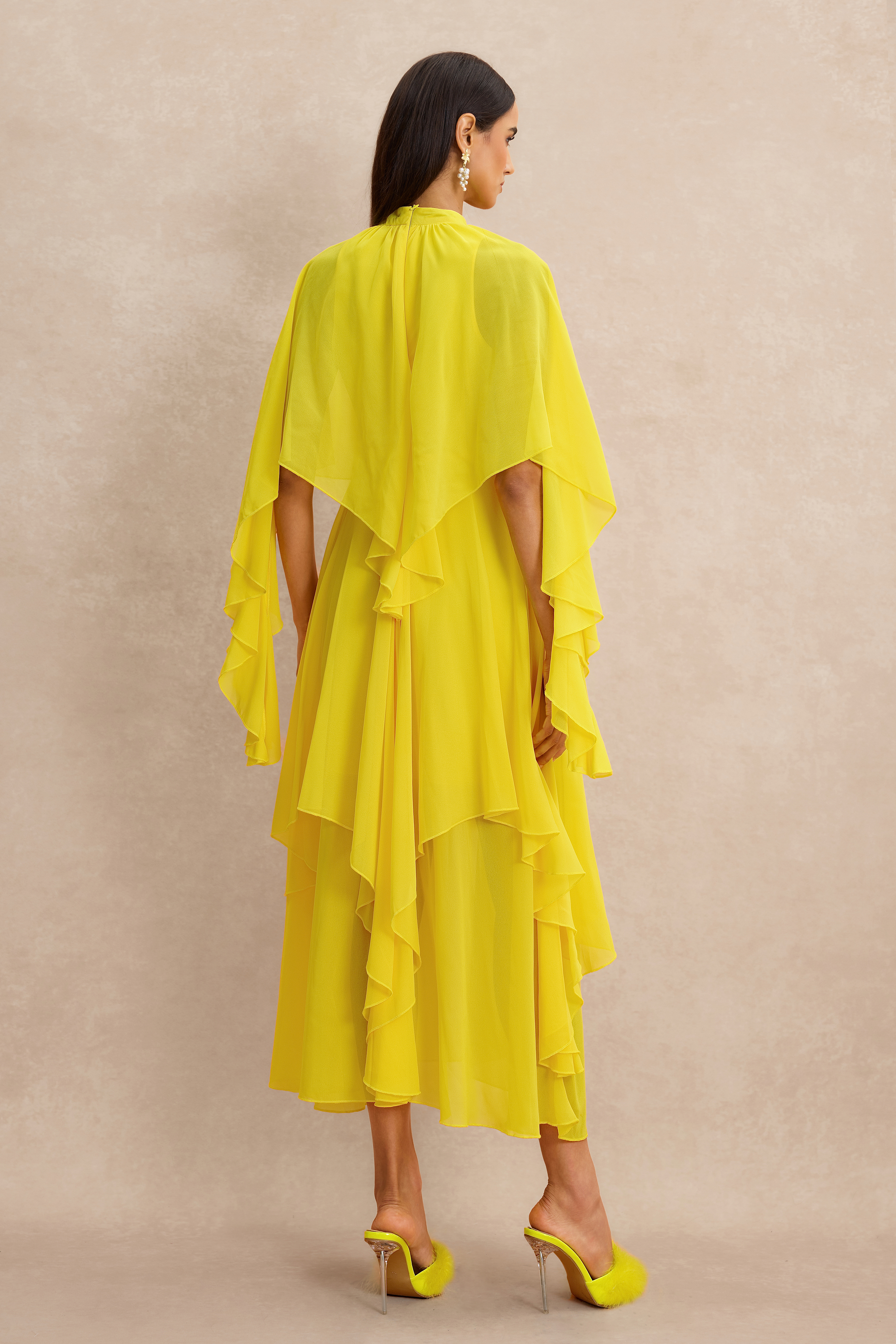 Ruffle Solid Cape Sleeve Midi Dress