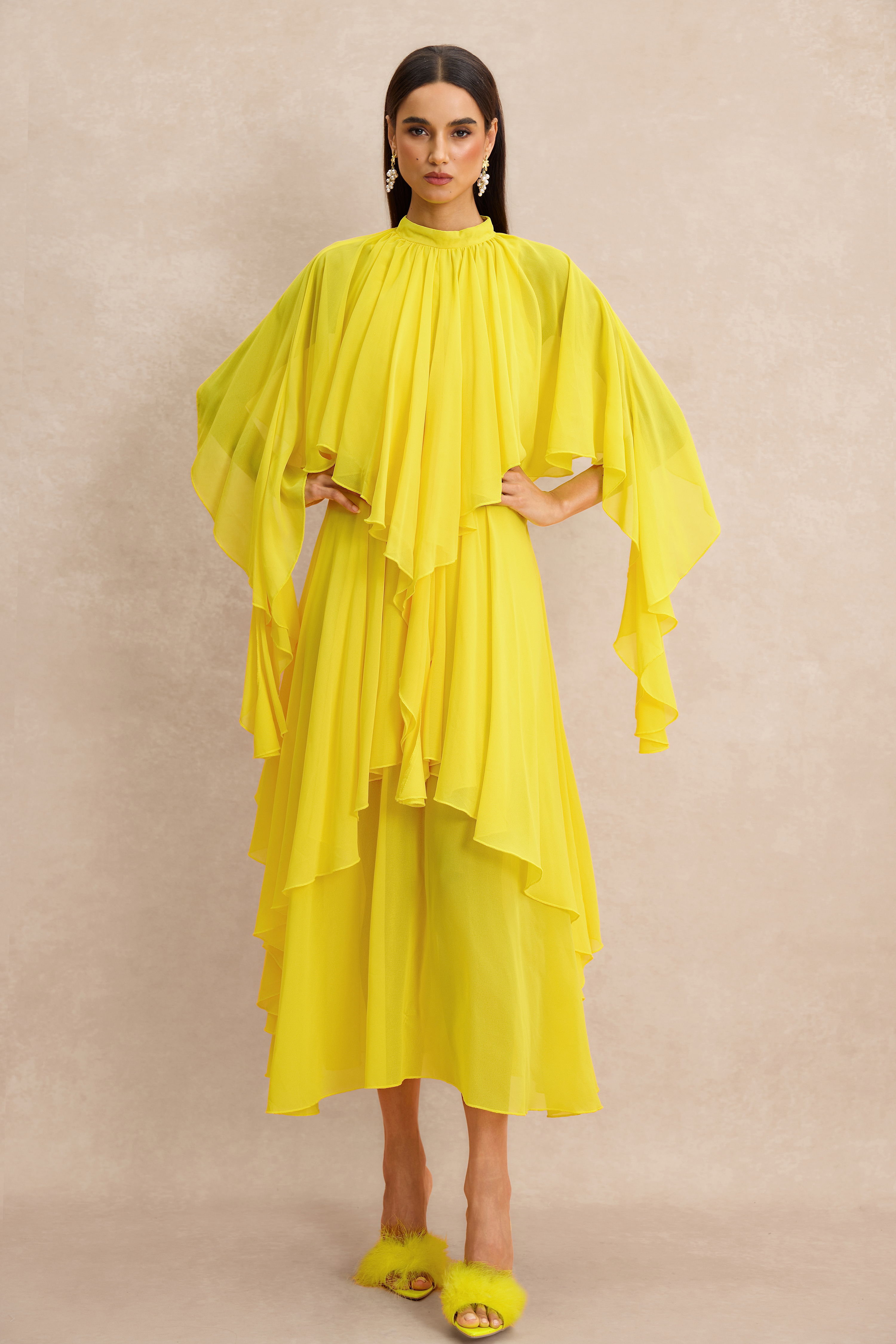 Ruffle Solid Cape Sleeve Midi Dress