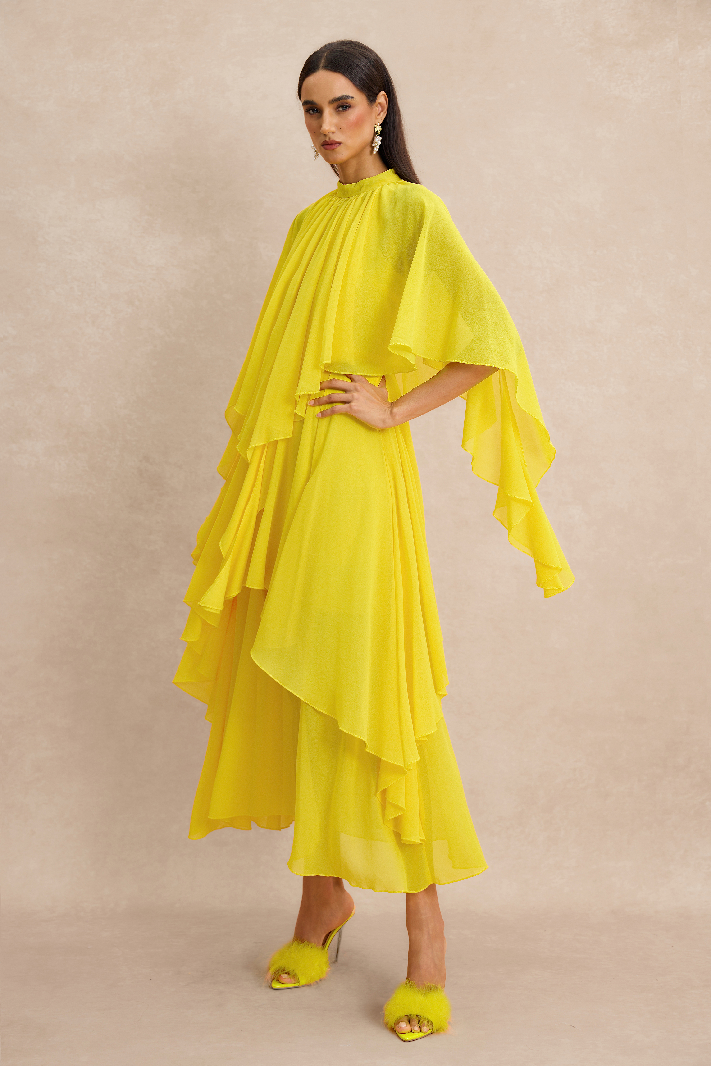 Ruffle Solid Cape Sleeve Midi Dress