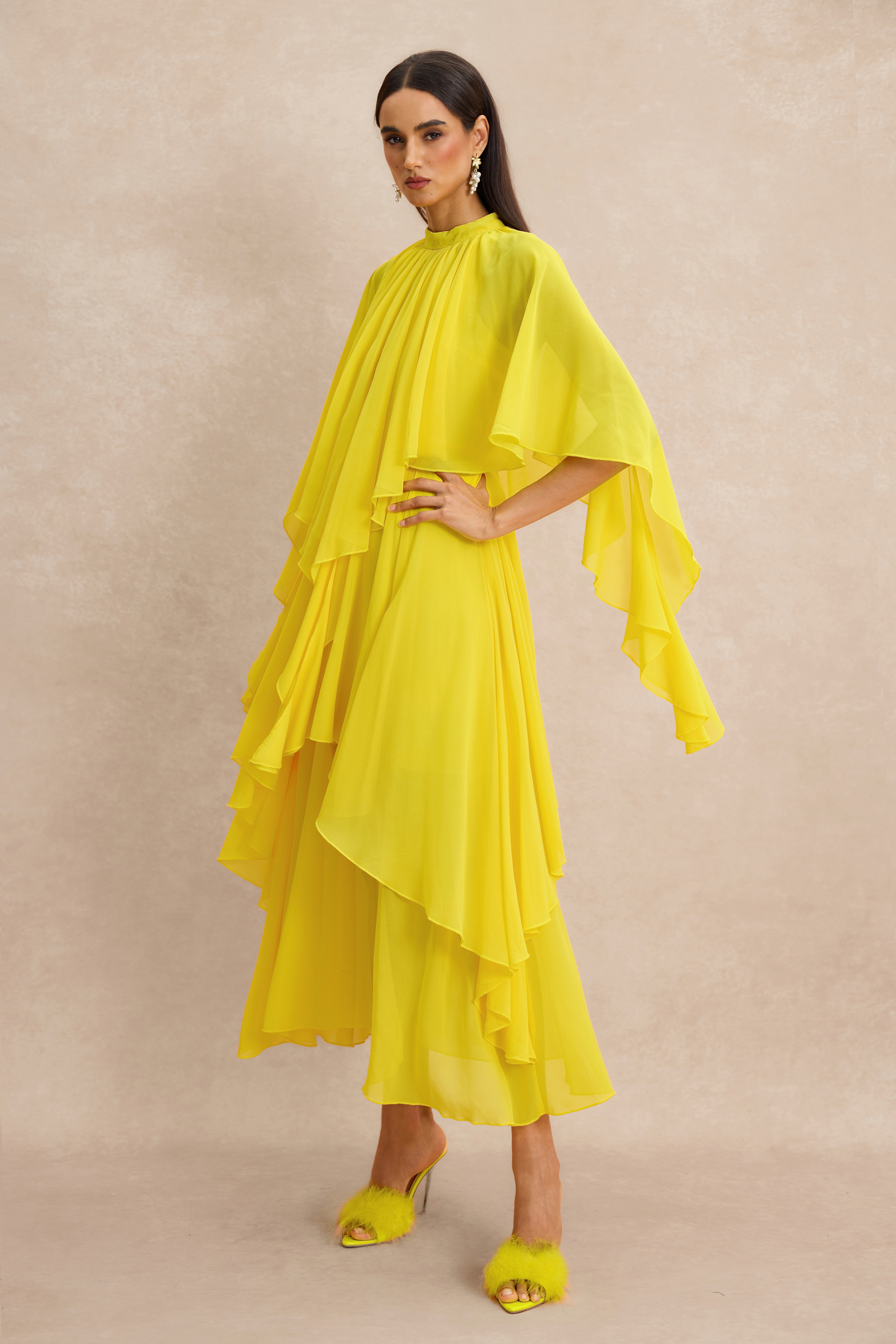 Ruffle Solid Cape Sleeve Midi Dress