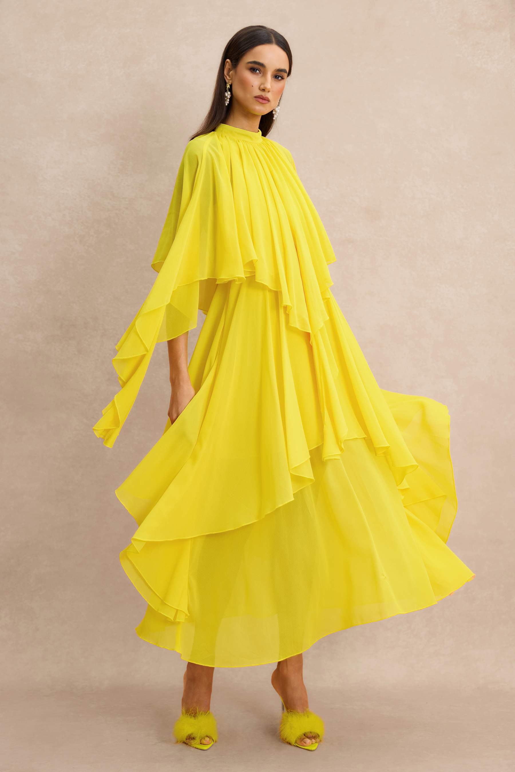 Ruffle Solid Cape Sleeve Midi Dress