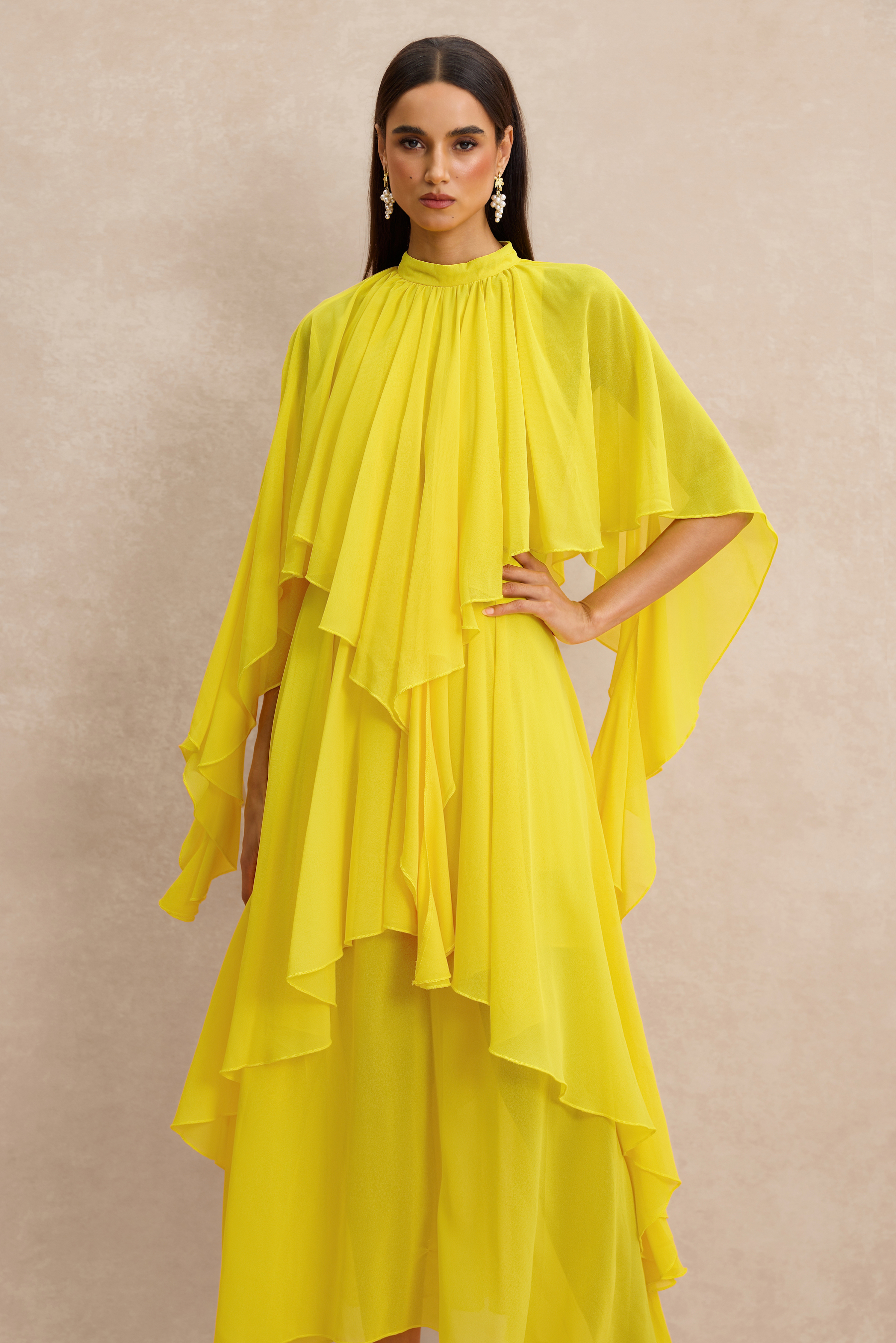 Ruffle Solid Cape Sleeve Midi Dress