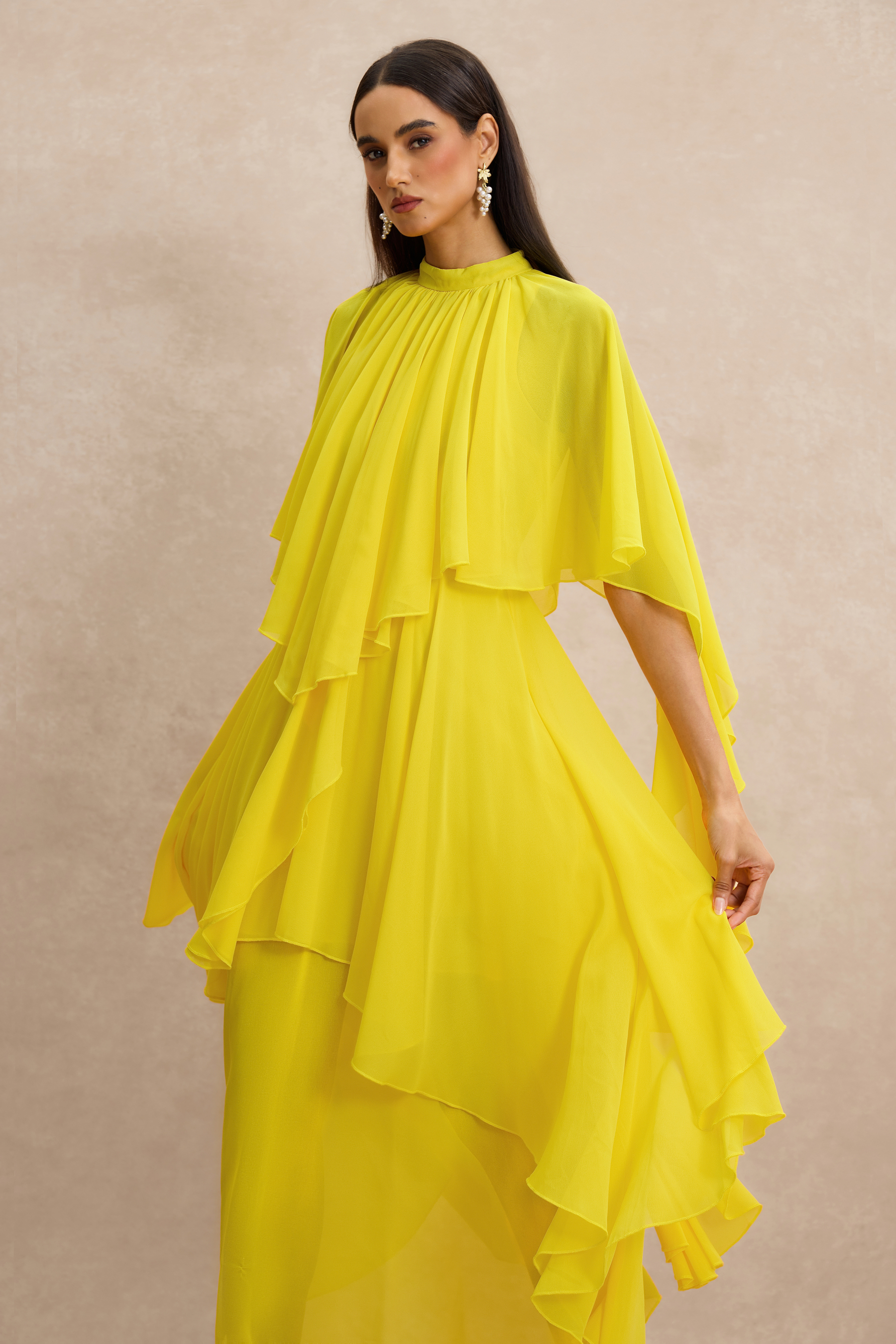 Ruffle Solid Cape Sleeve Midi Dress