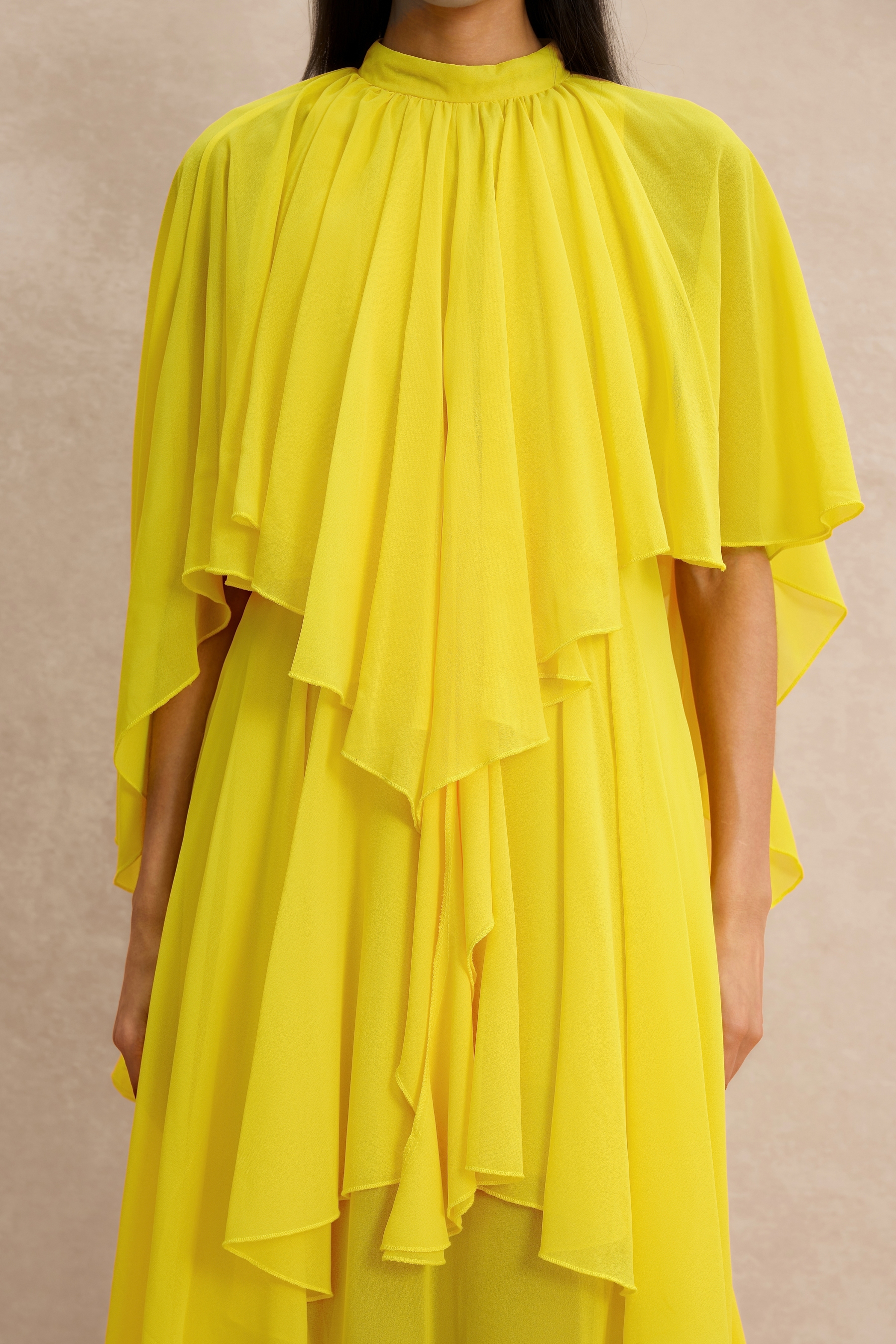 Ruffle Solid Cape Sleeve Midi Dress