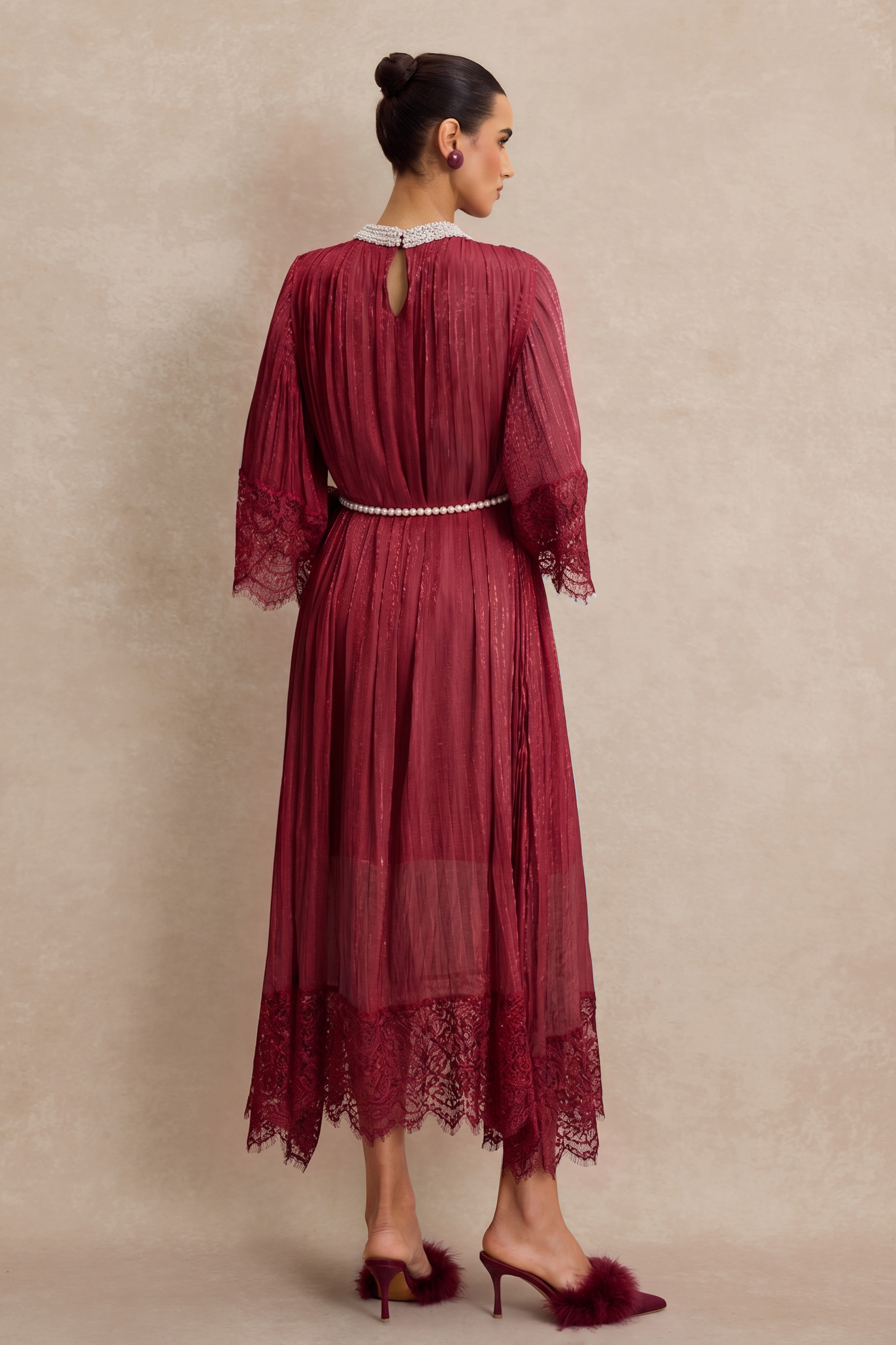 Lace Splicing Satin Faux Pearl Maxi Dress
