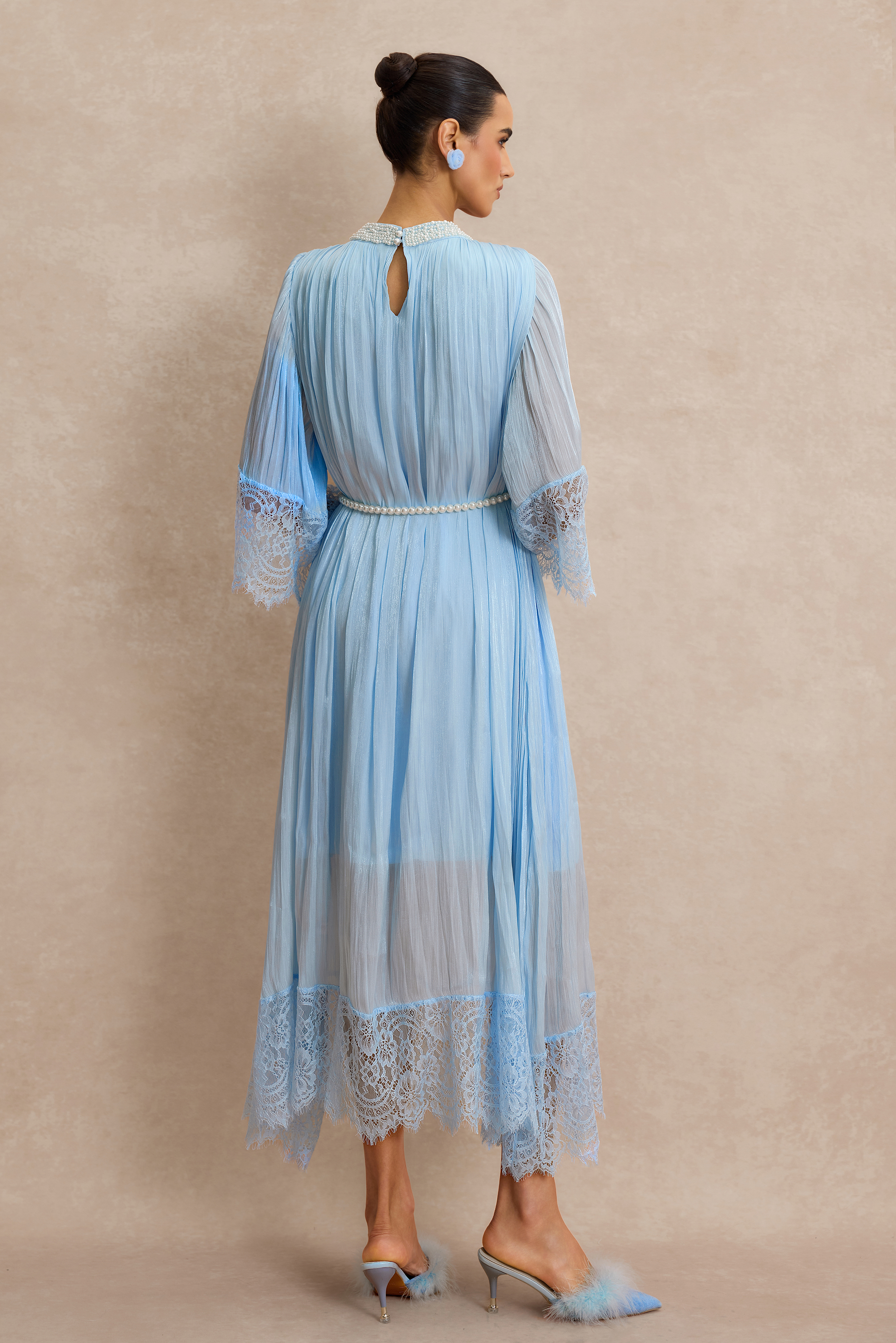 Lace Splicing Satin Faux Pearl Maxi Dress