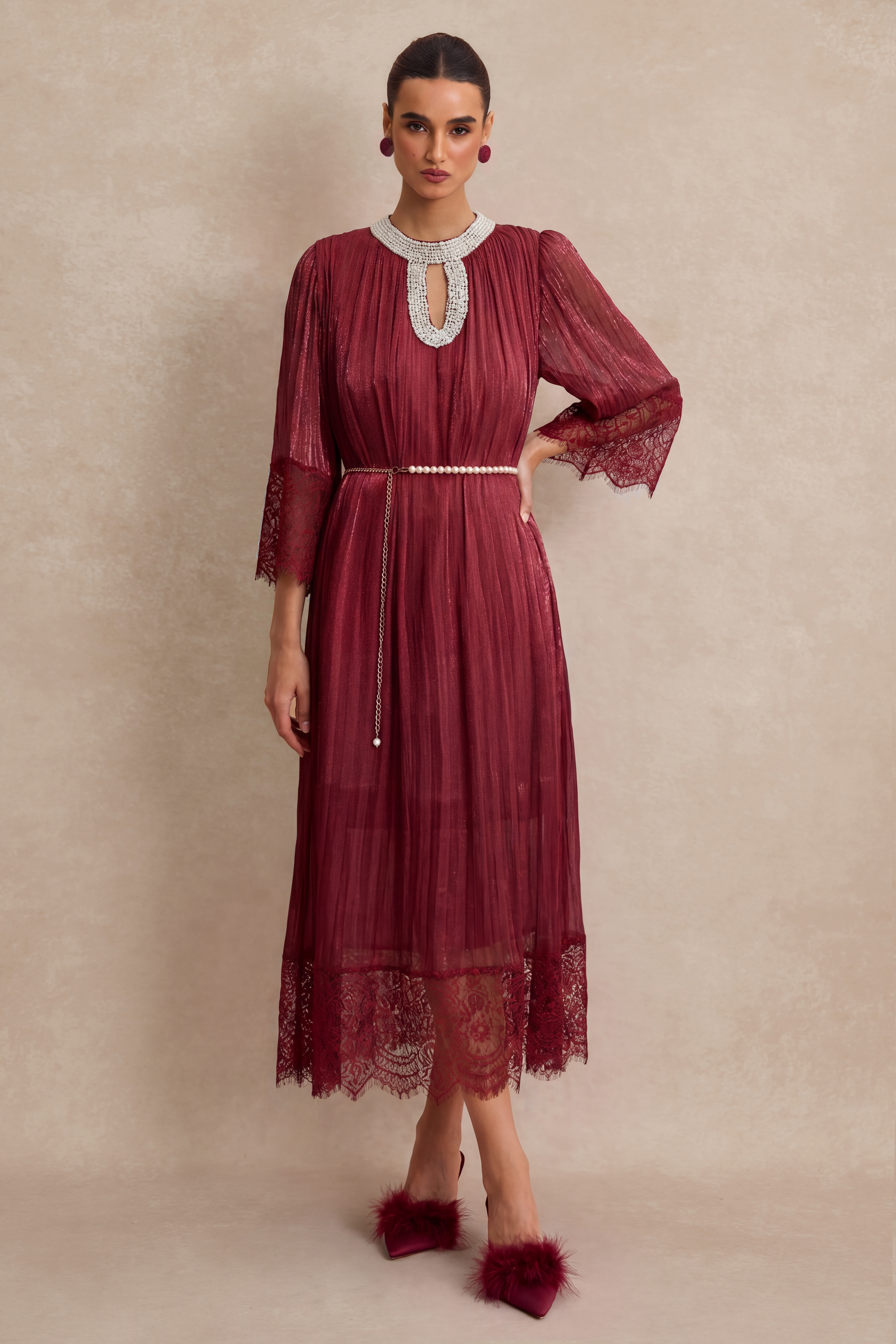 Lace Splicing Satin Faux Pearl Maxi Dress