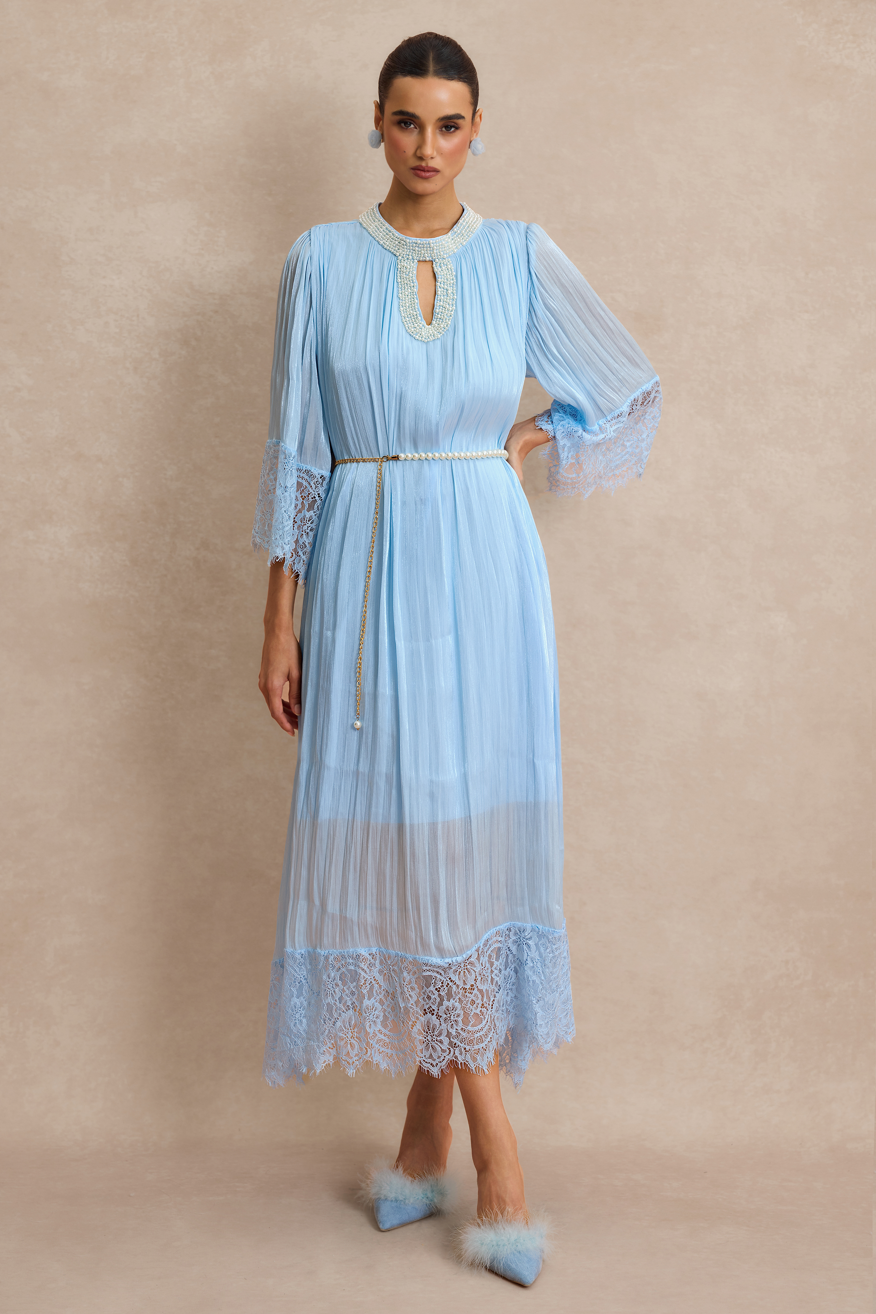 Lace Splicing Satin Faux Pearl Maxi Dress