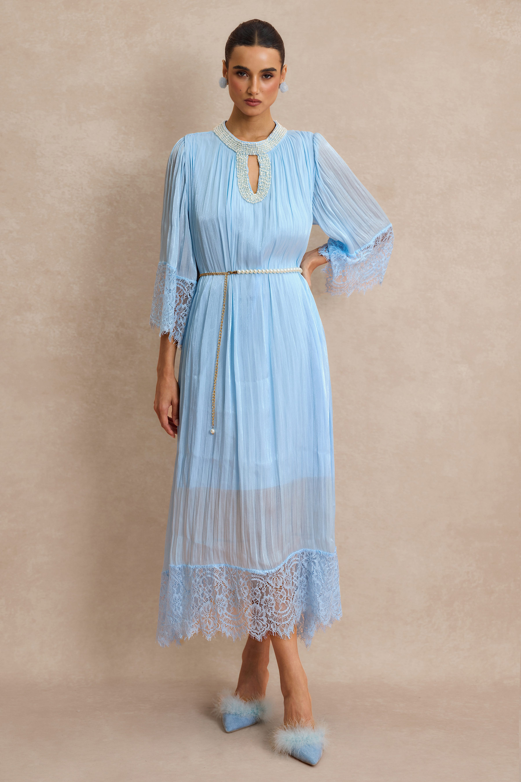 Lace Splicing Satin Faux Pearl Maxi Dress