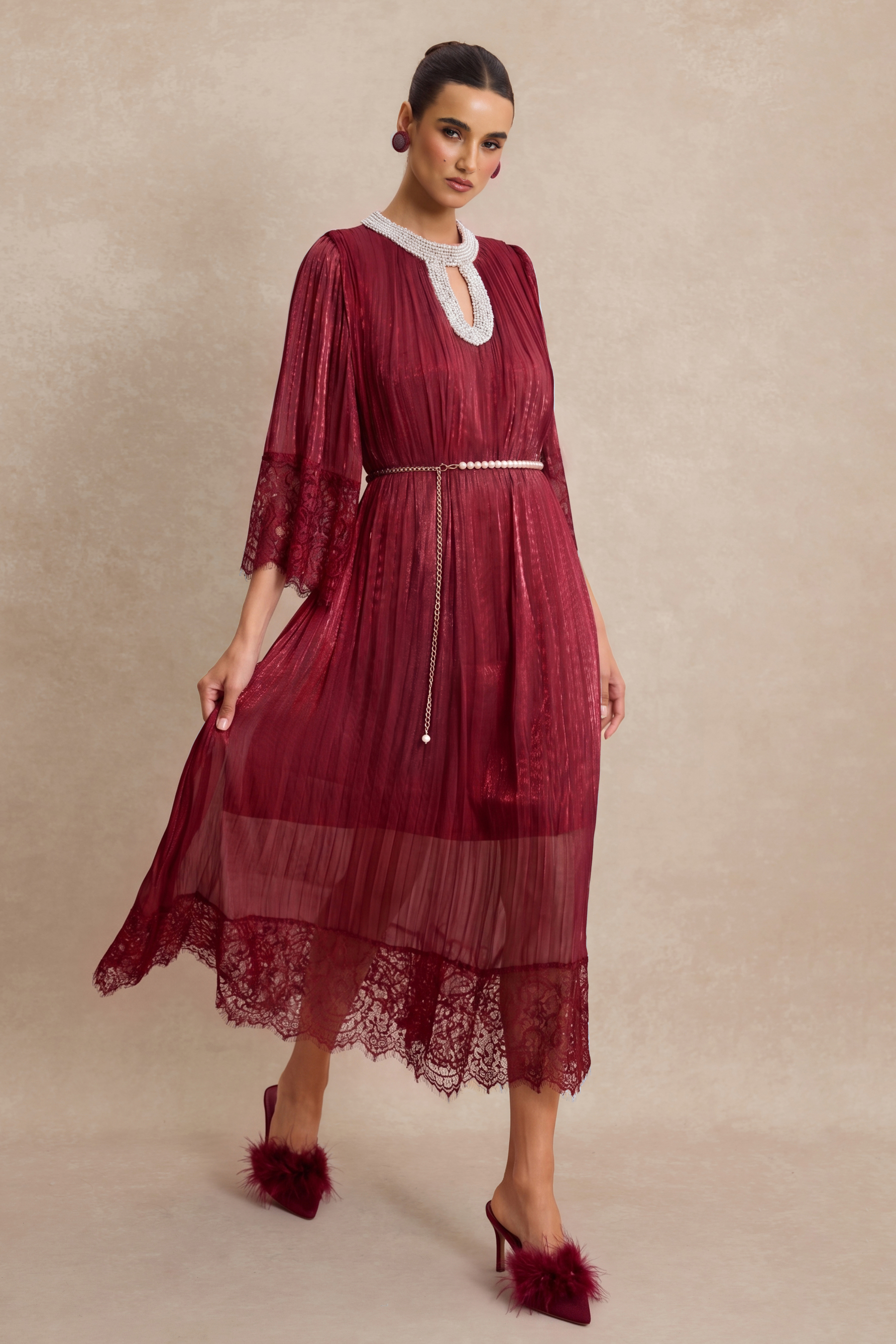 Lace Splicing Satin Faux Pearl Maxi Dress