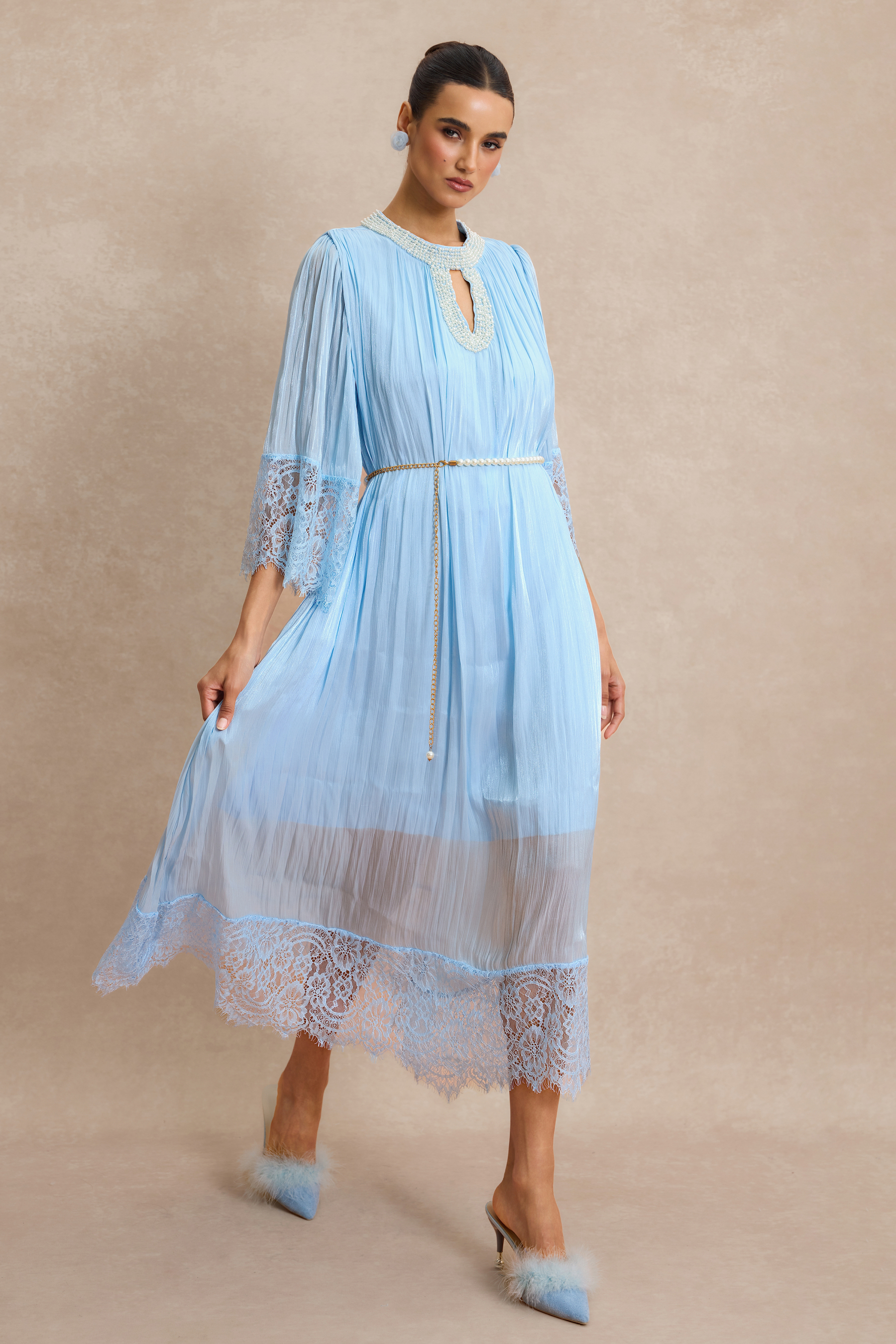 Lace Splicing Satin Faux Pearl Maxi Dress