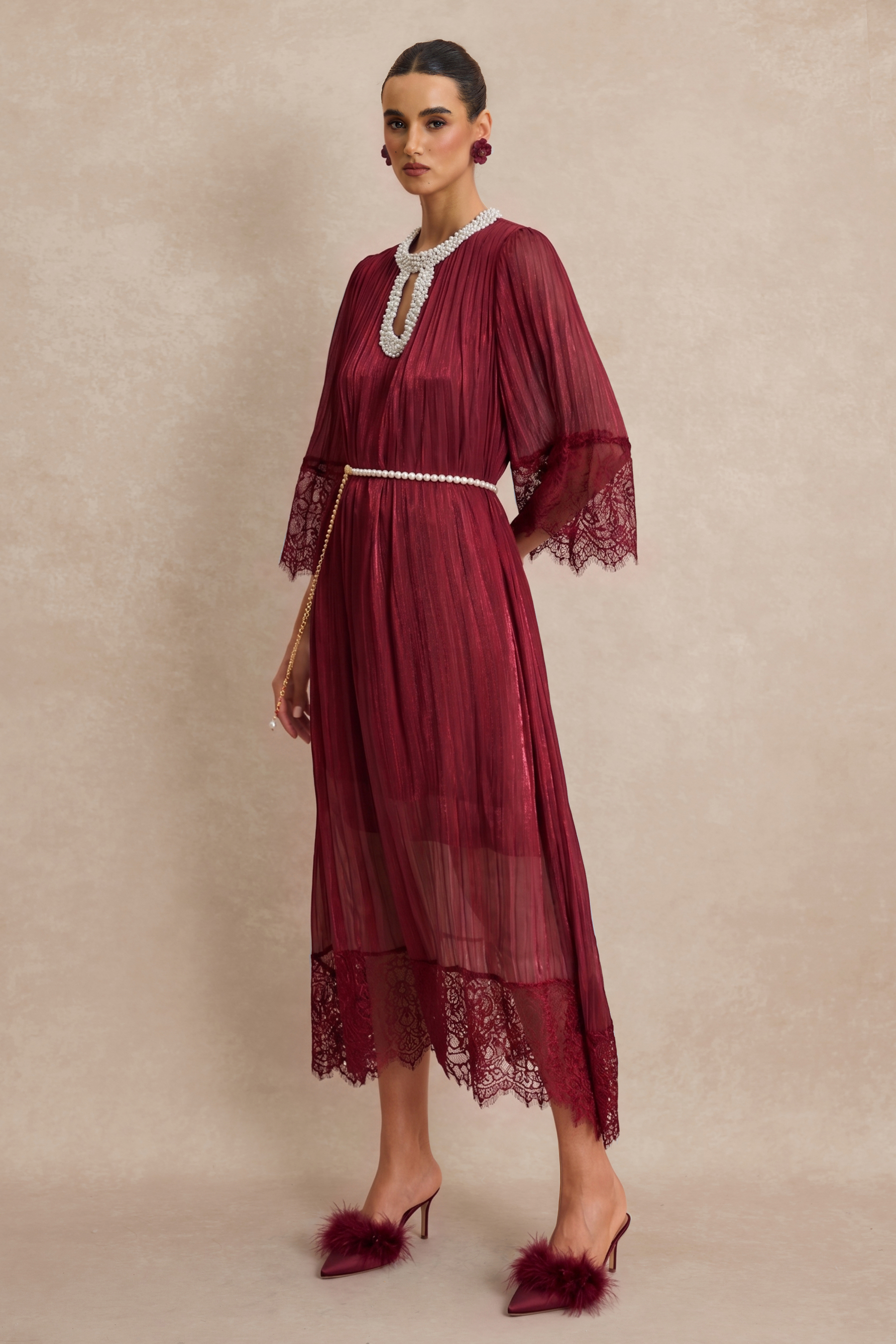Lace Splicing Satin Faux Pearl Maxi Dress