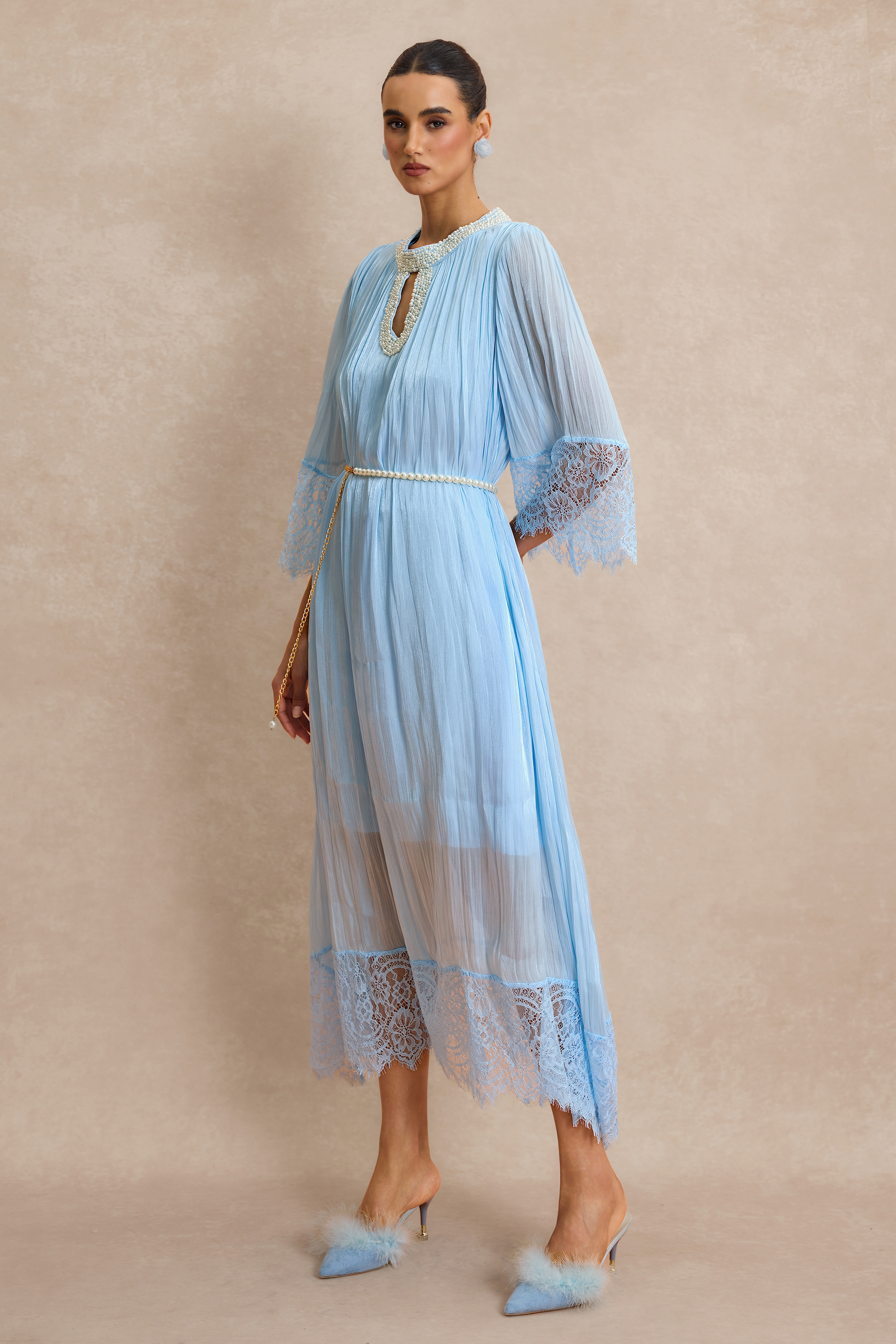 Lace Splicing Satin Faux Pearl Maxi Dress