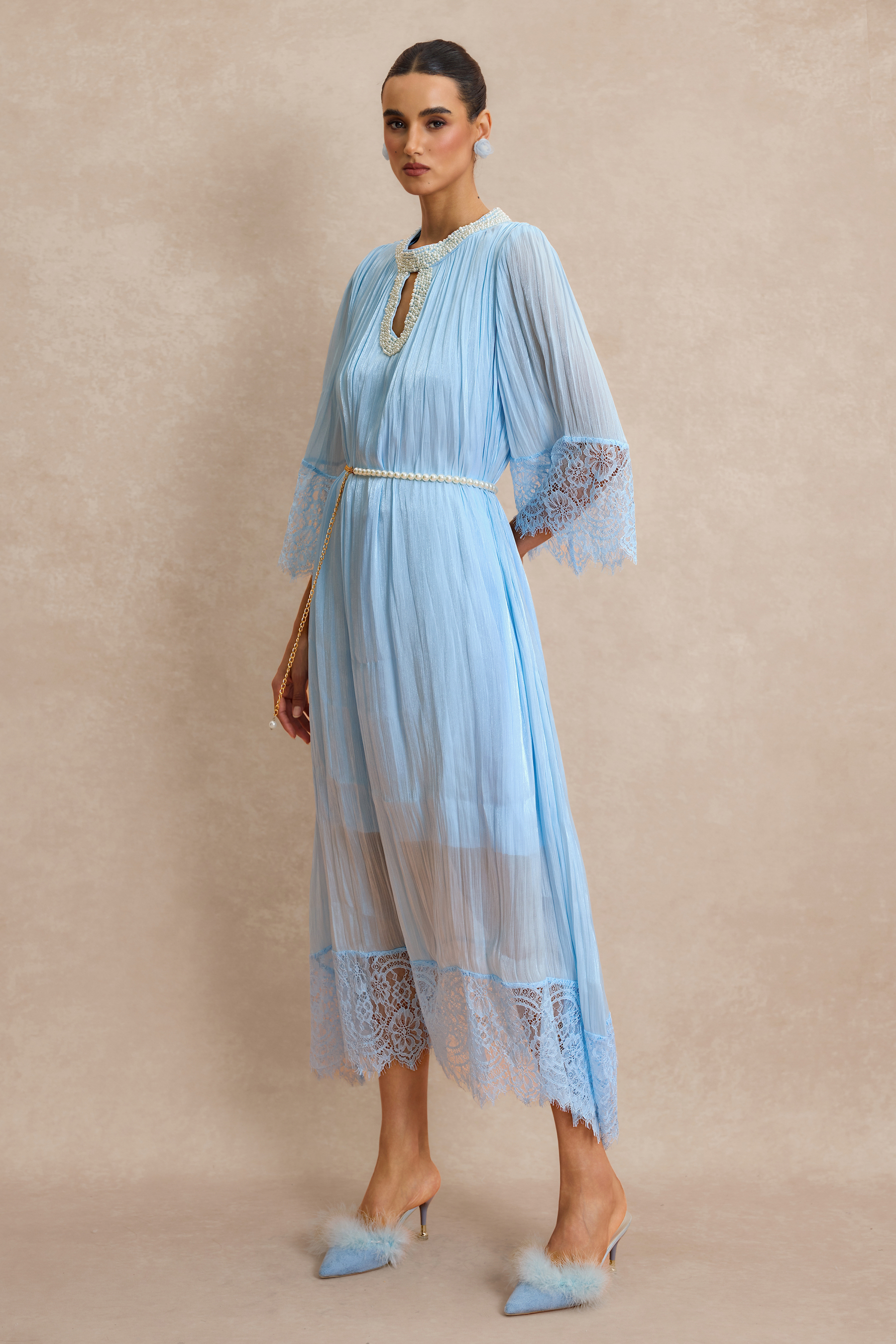 Lace Splicing Satin Faux Pearl Maxi Dress