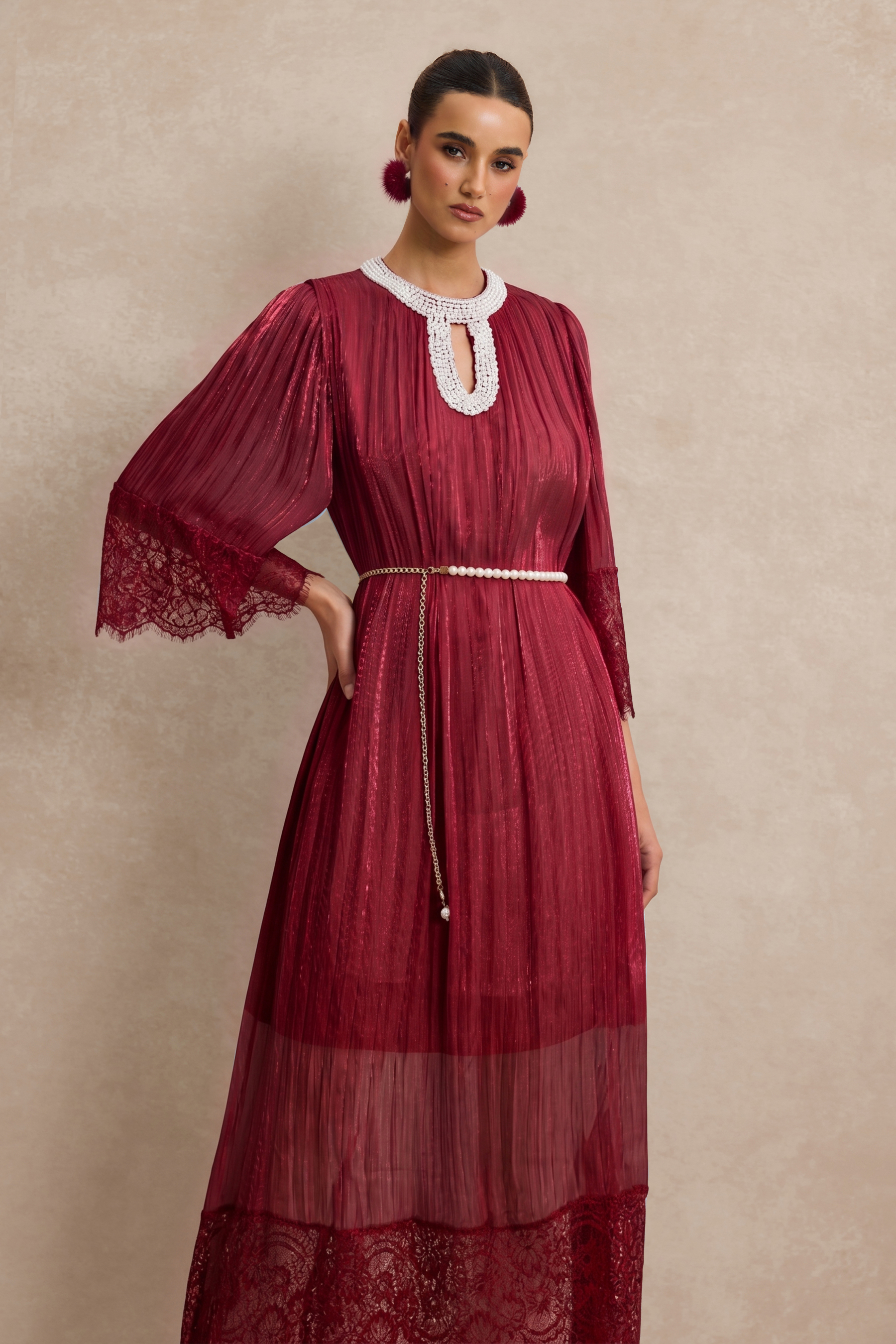 Lace Splicing Satin Faux Pearl Maxi Dress