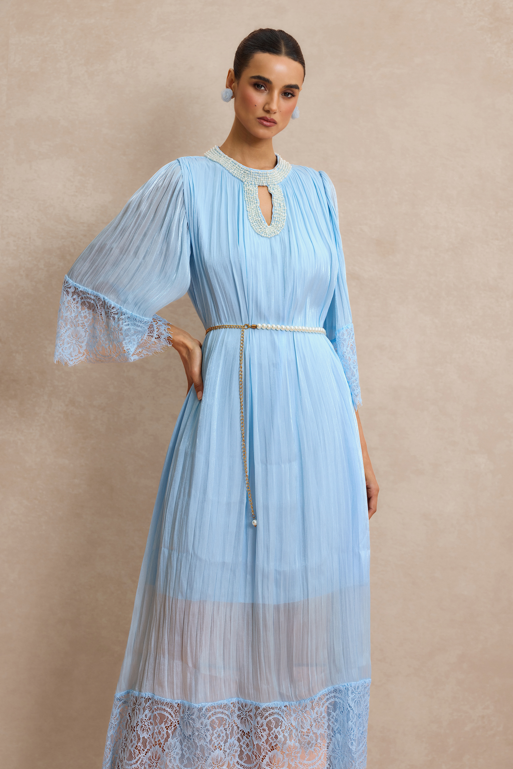 Lace Splicing Satin Faux Pearl Maxi Dress