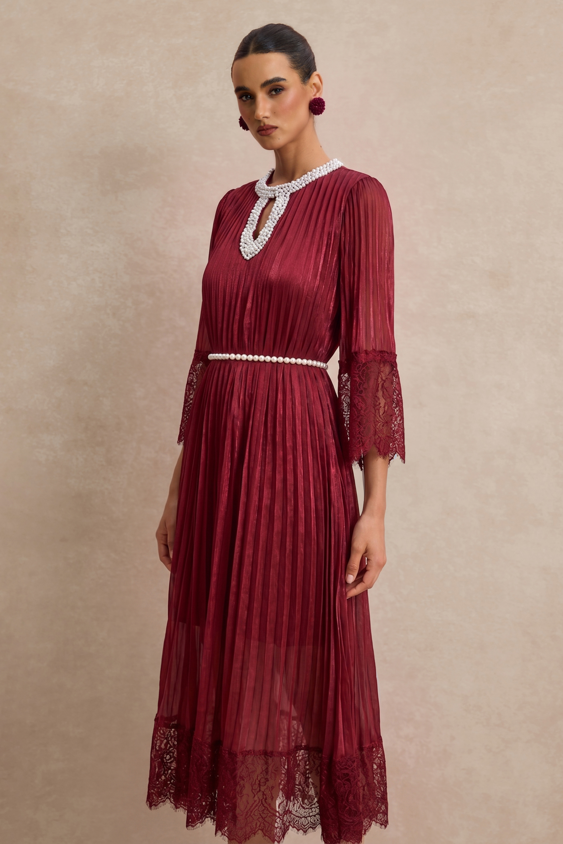 Lace Splicing Satin Faux Pearl Maxi Dress