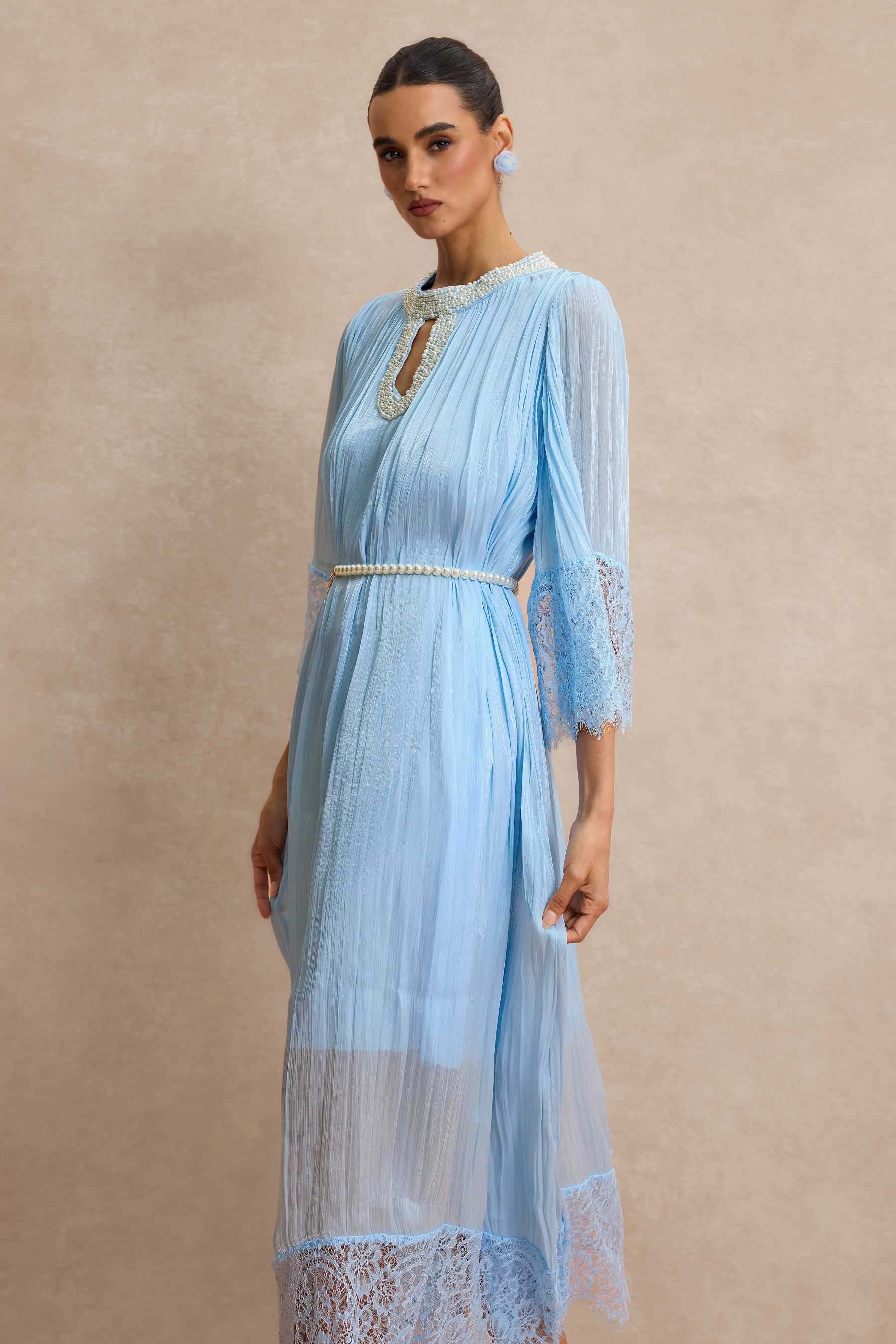 Lace Splicing Satin Faux Pearl Maxi Dress