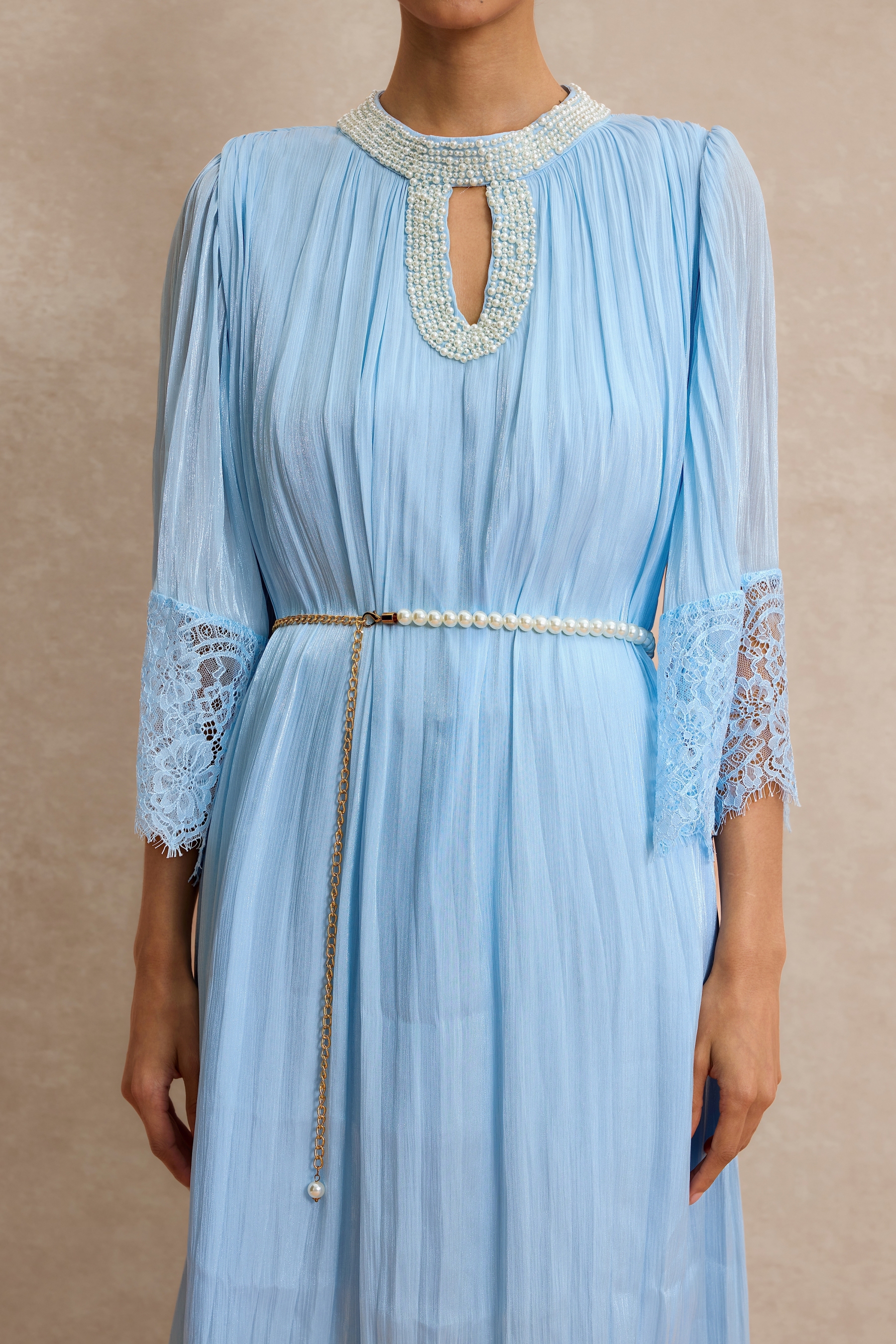 Lace Splicing Satin Faux Pearl Maxi Dress