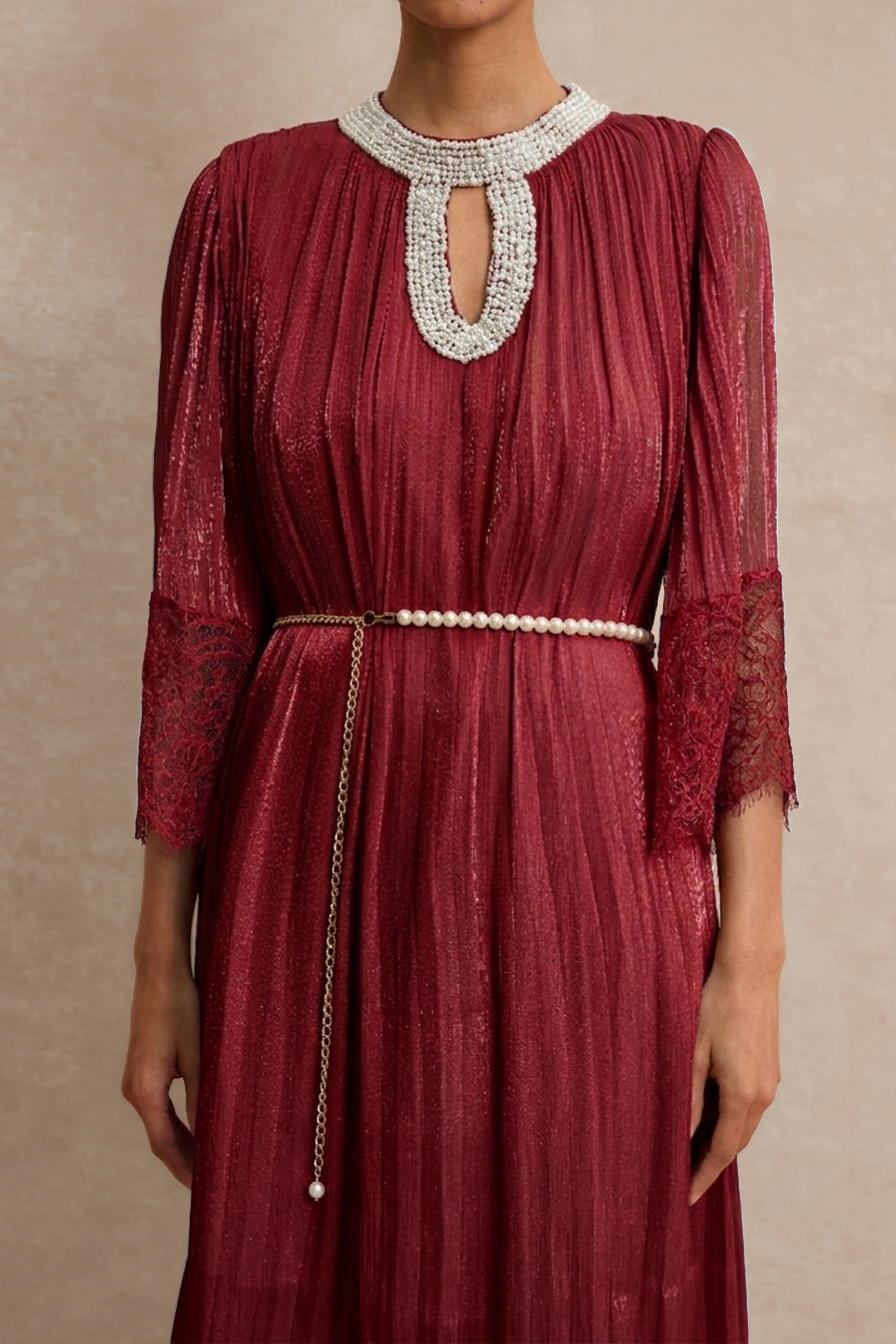 Lace Splicing Satin Faux Pearl Maxi Dress