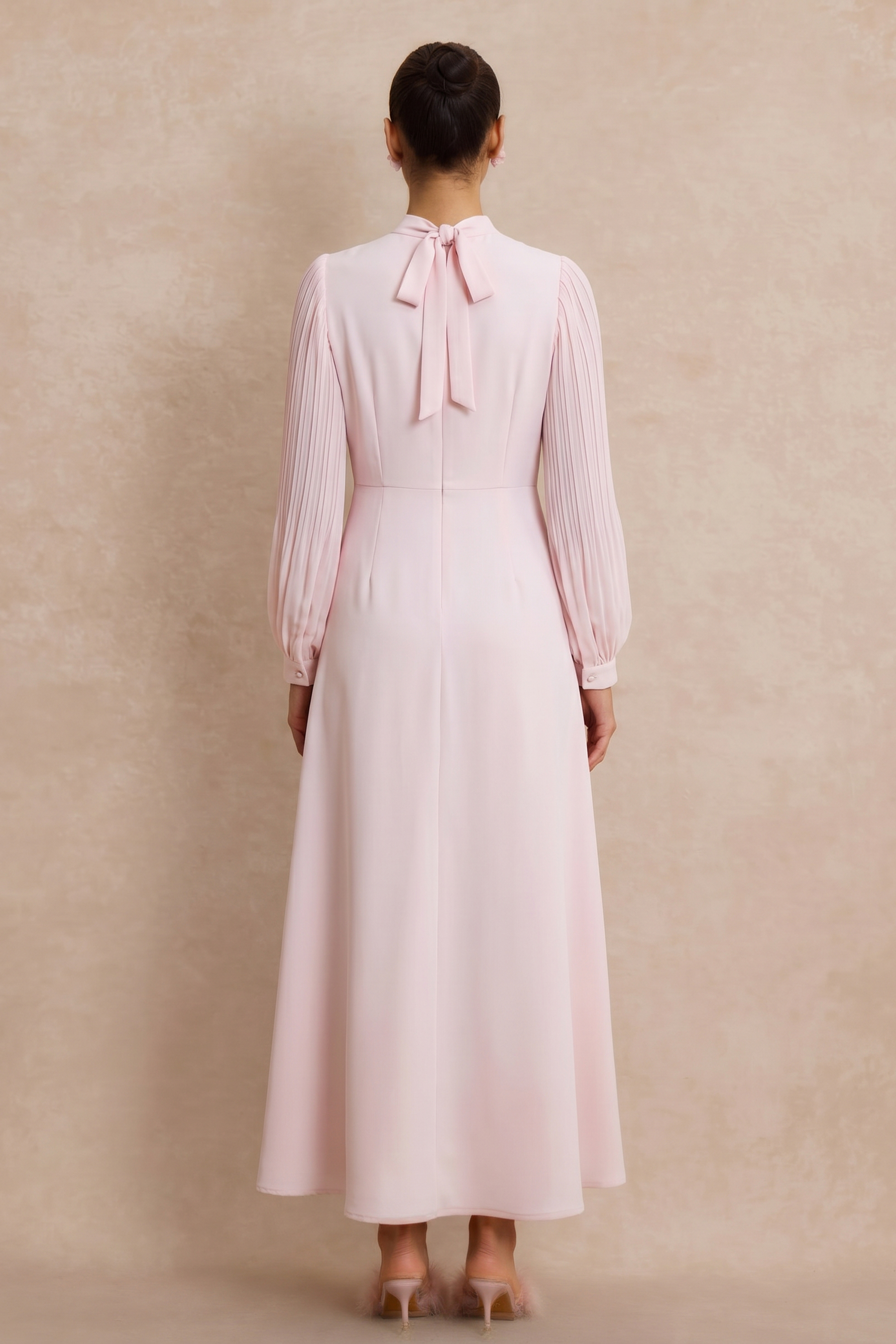 Embroidery Floral Applique Pleated Lantern Sleeve Maxi Dress