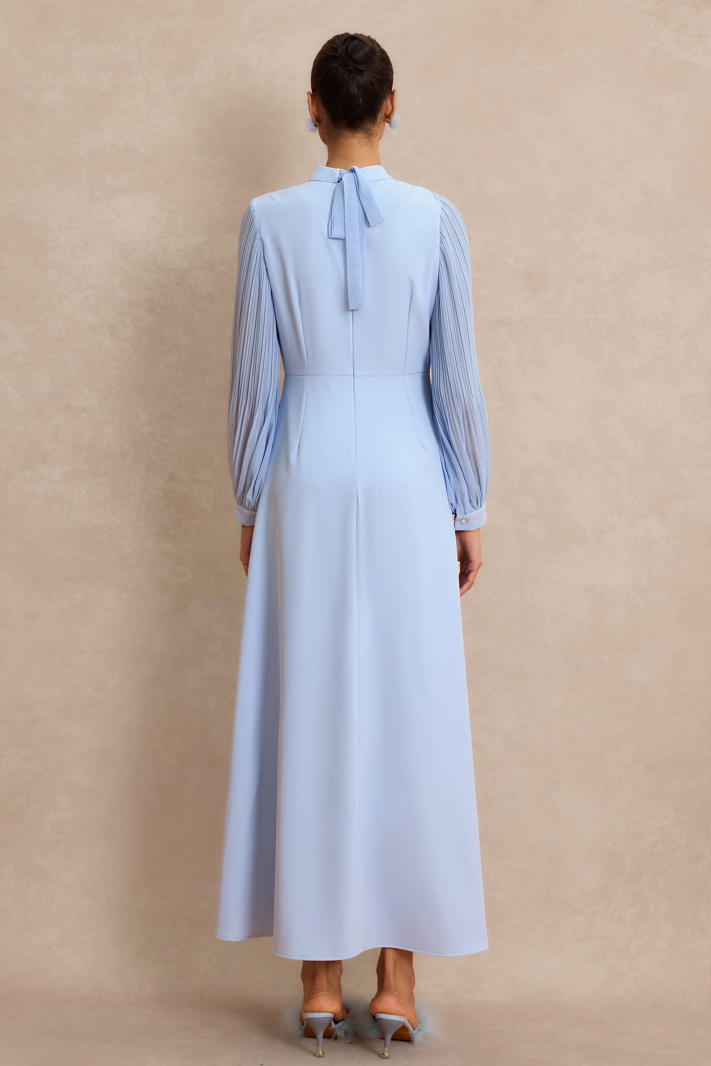 Embroidery Floral Applique Pleated Lantern Sleeve Maxi Dress
