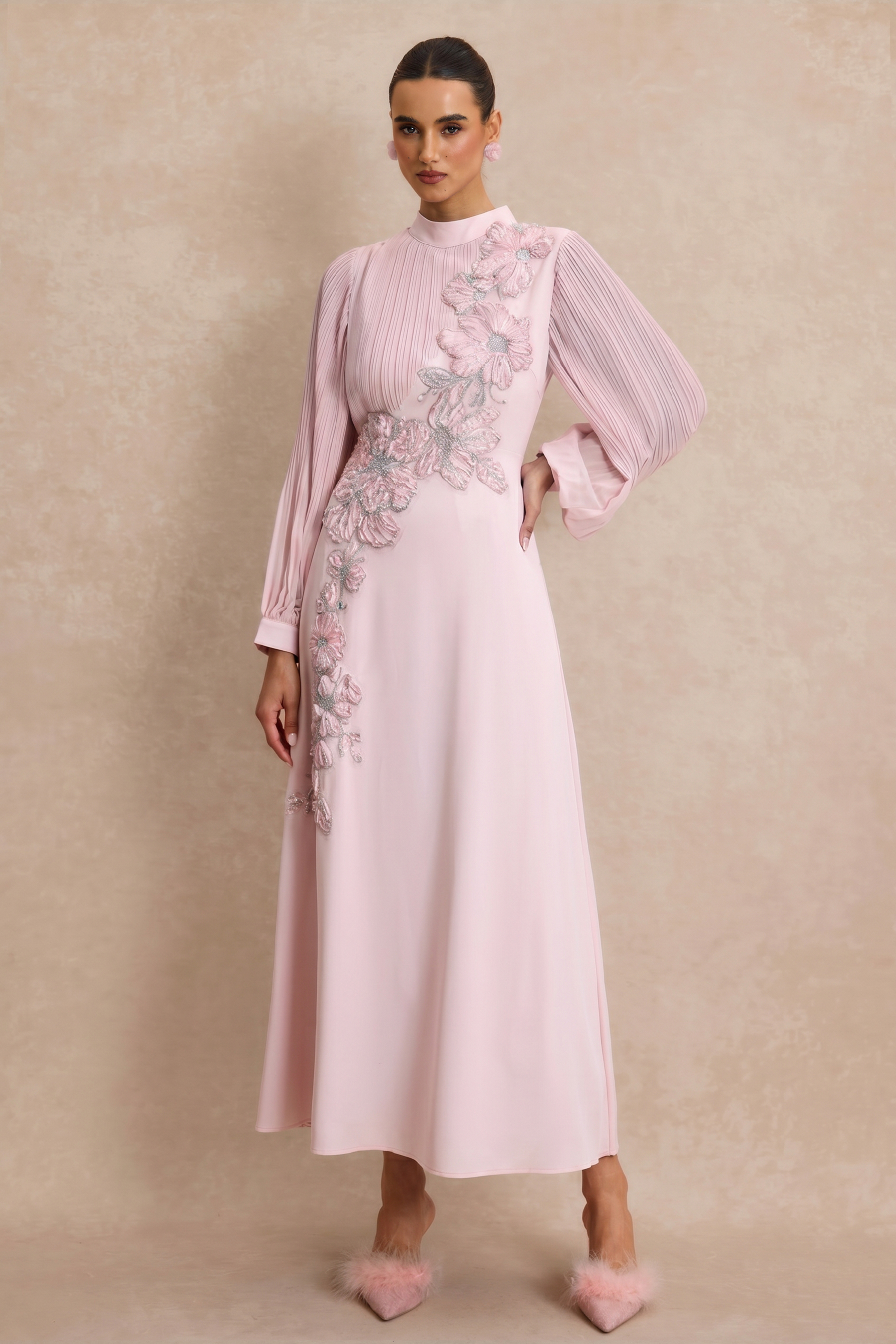 Embroidery Floral Applique Pleated Lantern Sleeve Maxi Dress