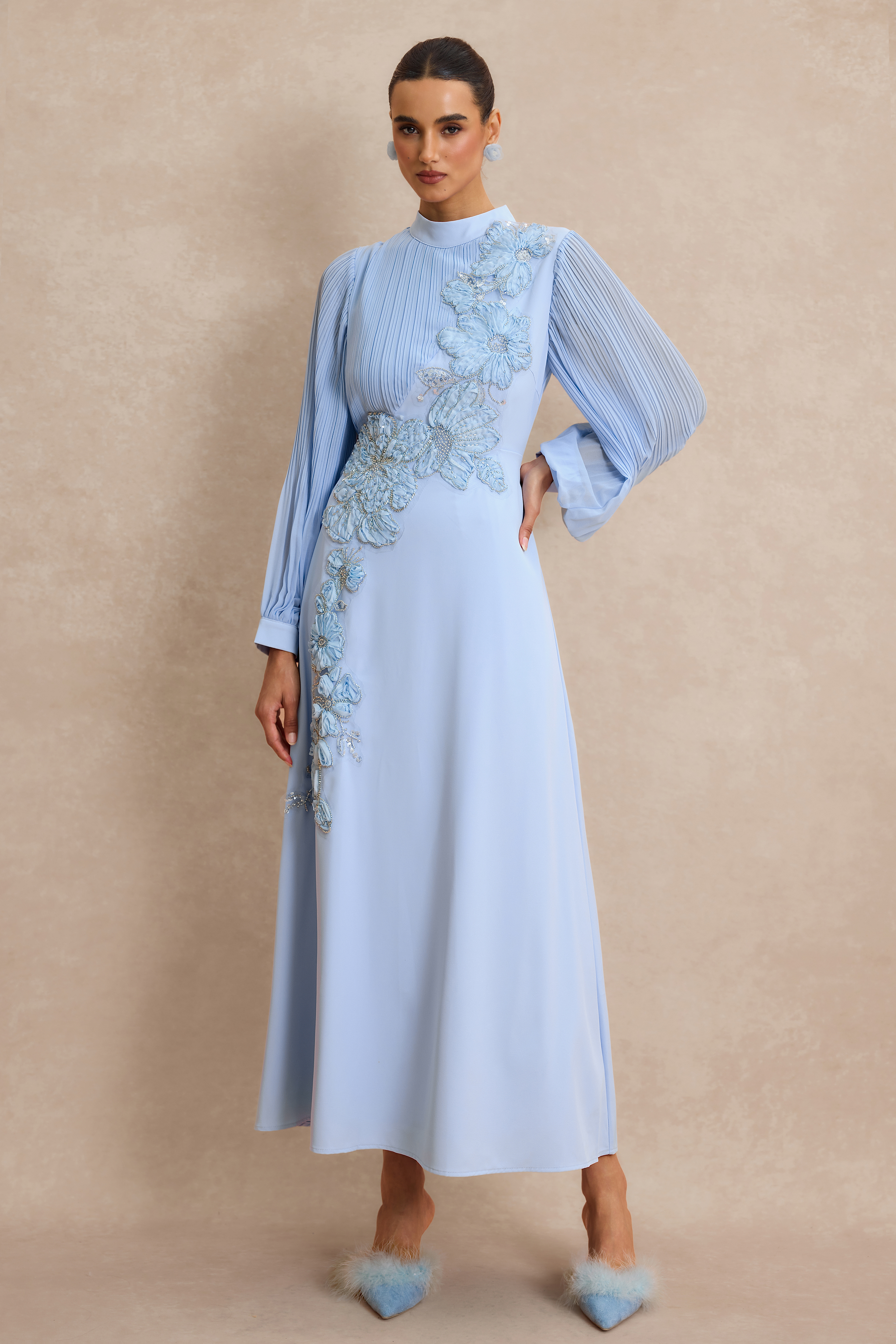 Embroidery Floral Applique Pleated Lantern Sleeve Maxi Dress