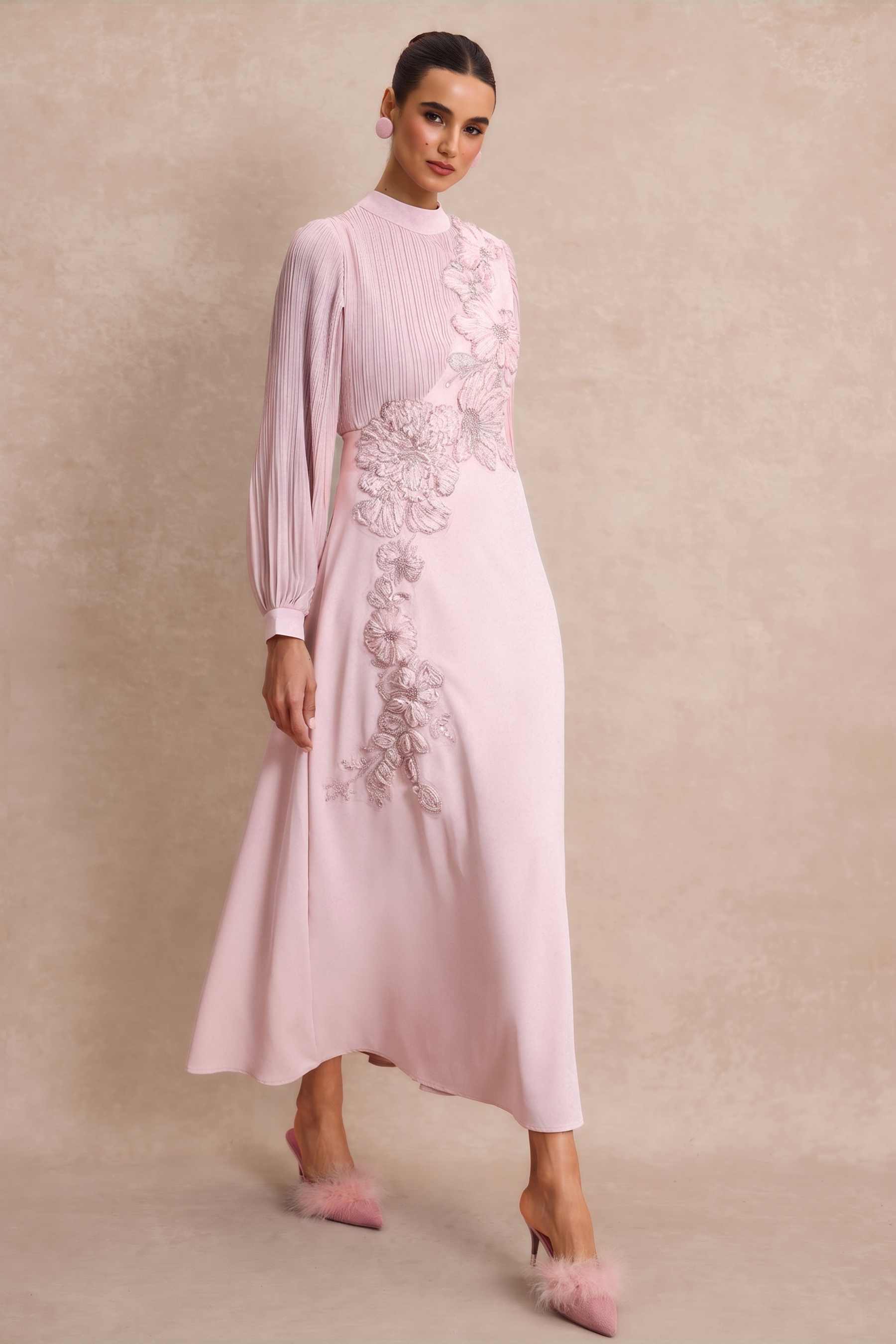 Embroidery Floral Applique Pleated Lantern Sleeve Maxi Dress