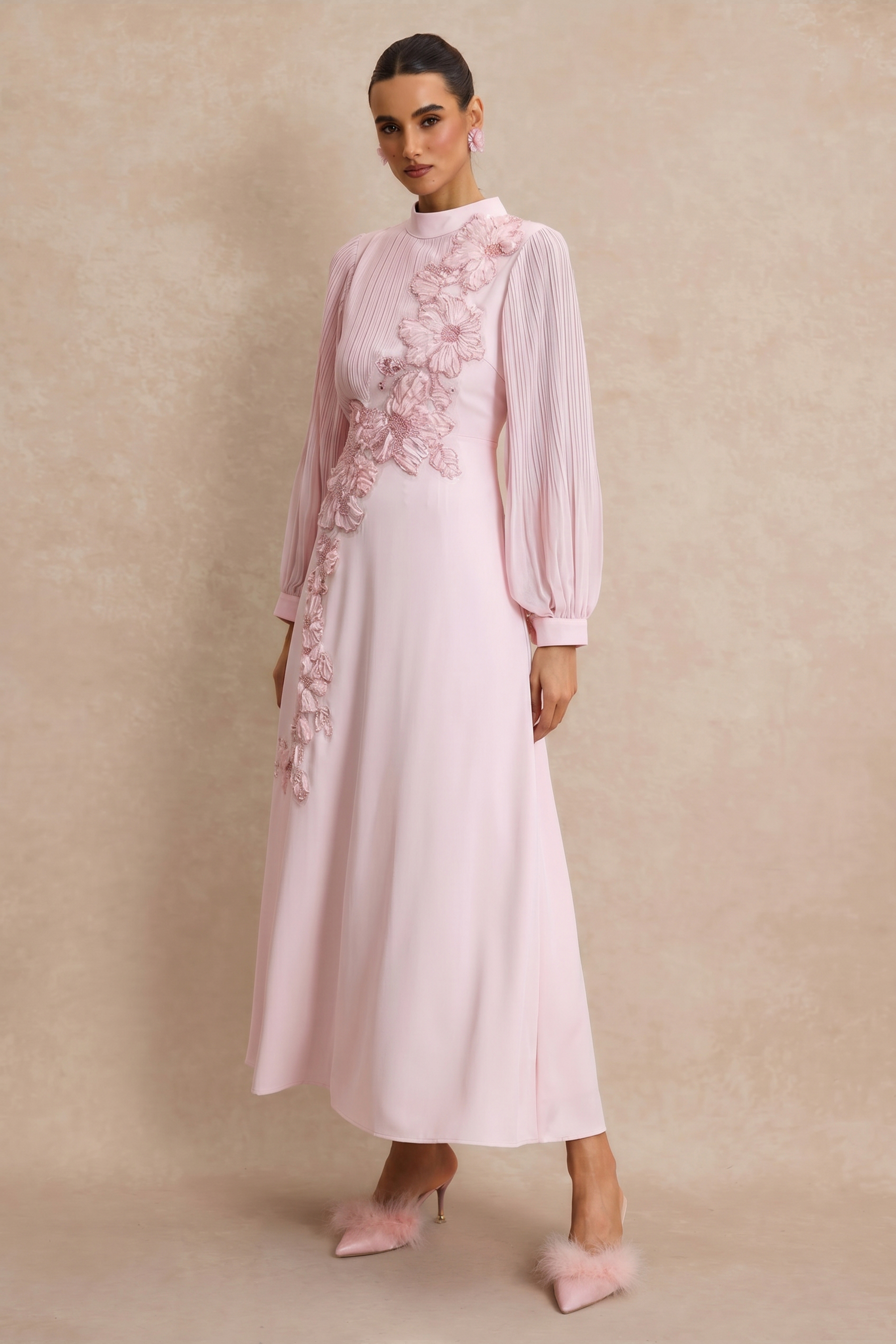 Embroidery Floral Applique Pleated Lantern Sleeve Maxi Dress
