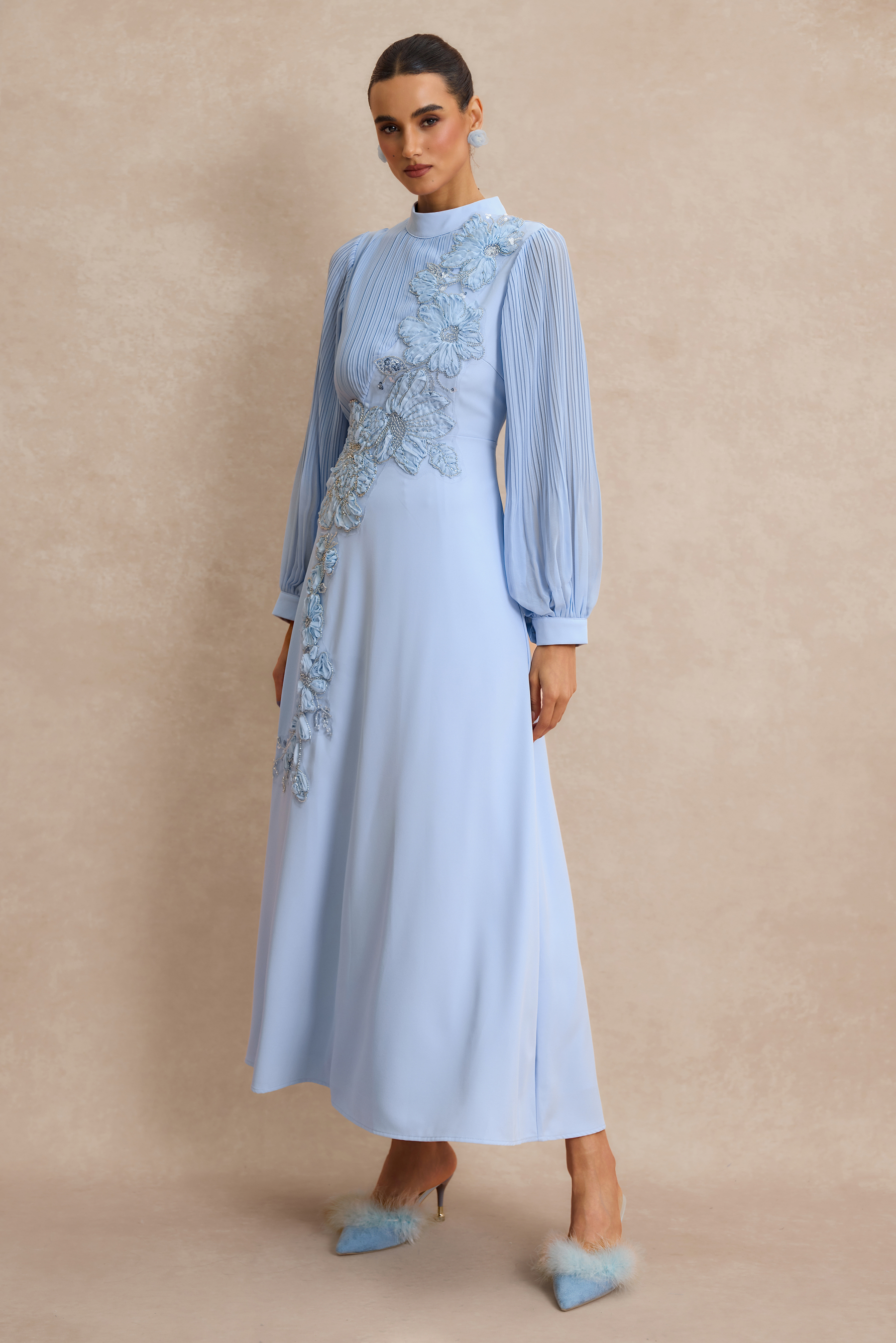 Embroidery Floral Applique Pleated Lantern Sleeve Maxi Dress