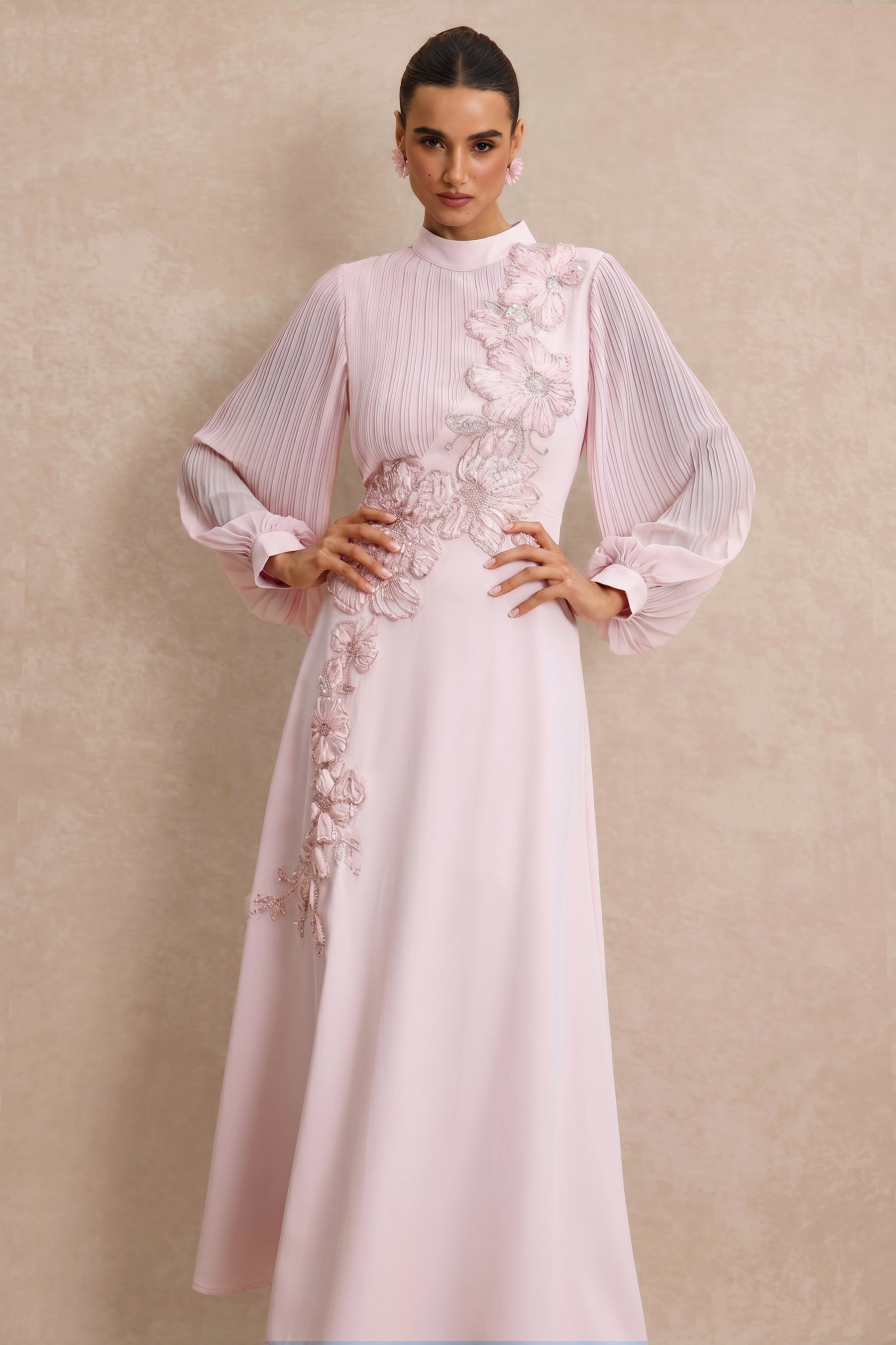 Embroidery Floral Applique Pleated Lantern Sleeve Maxi Dress