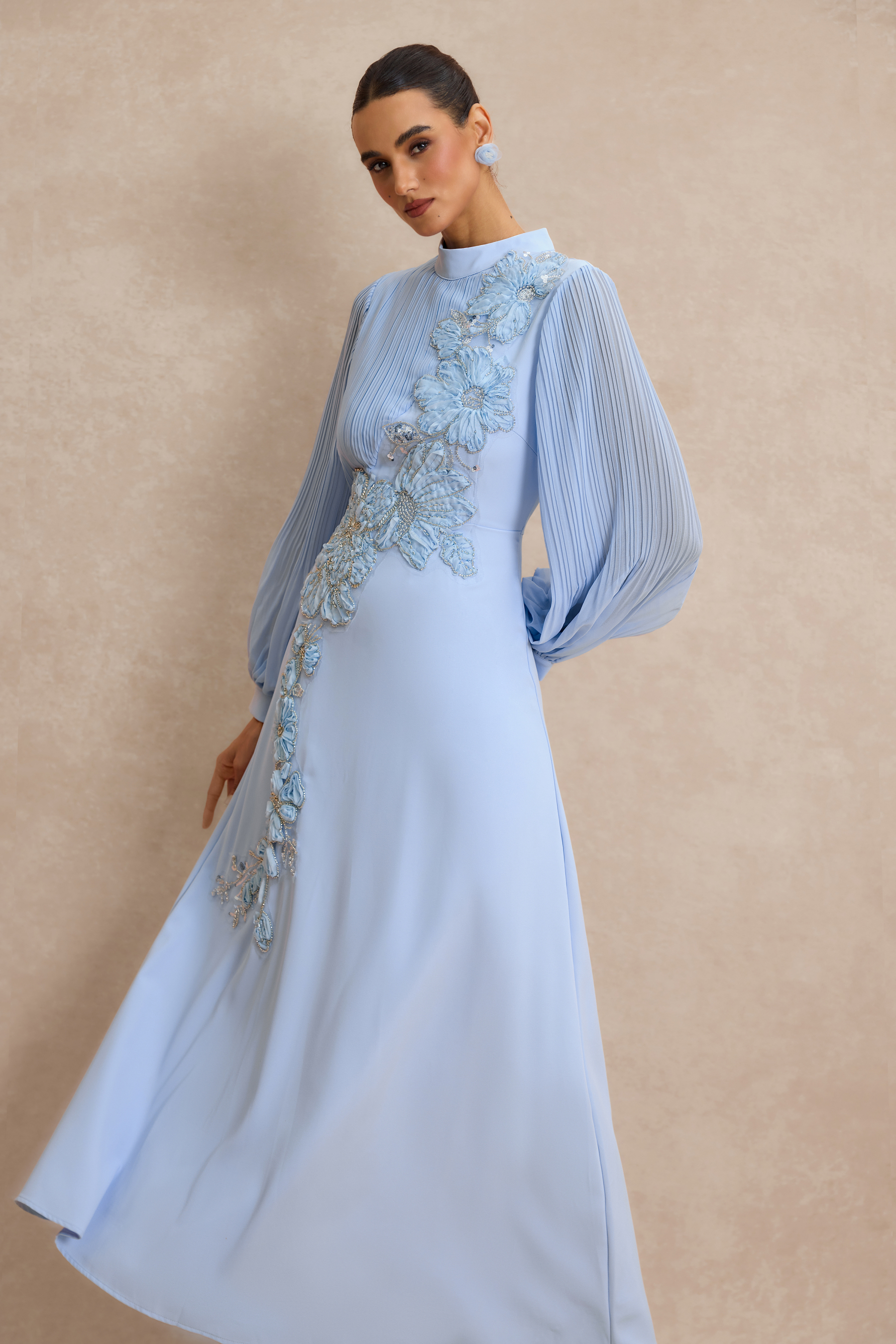 Embroidery Floral Applique Pleated Lantern Sleeve Maxi Dress