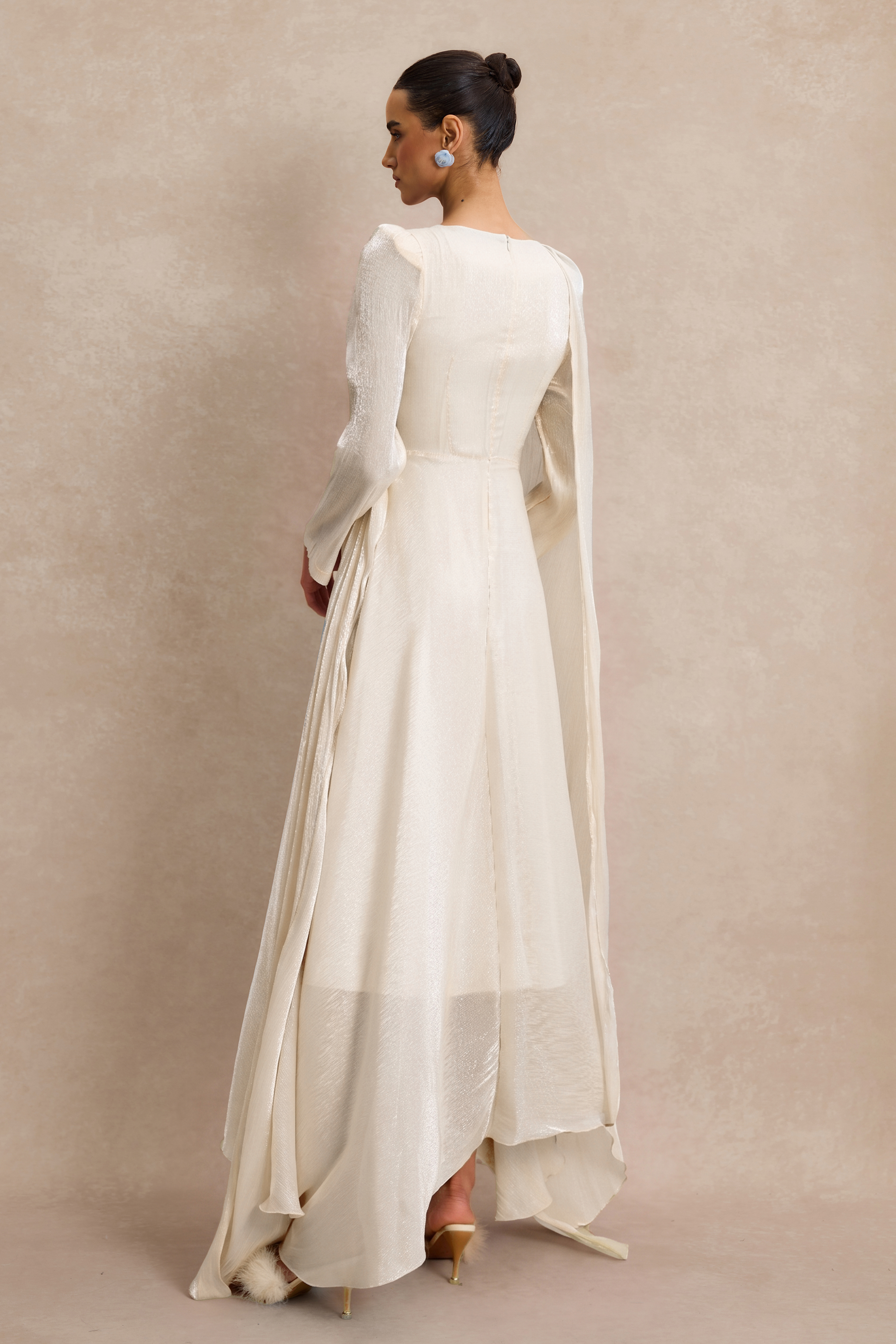 Solid Gathering Asymmetry Hem Cape Maxi Dress
