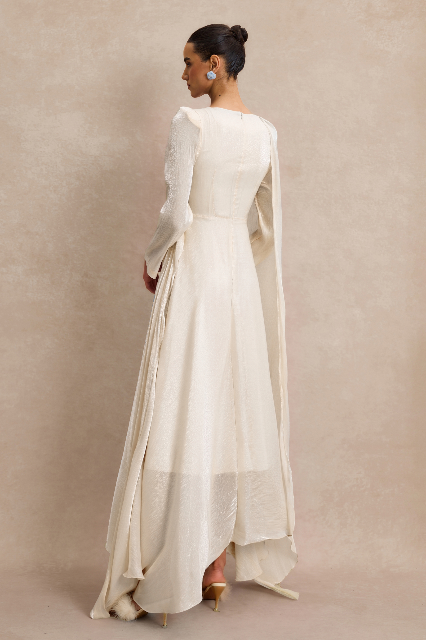 Solid Gathering Asymmetry Hem Cape Maxi Dress