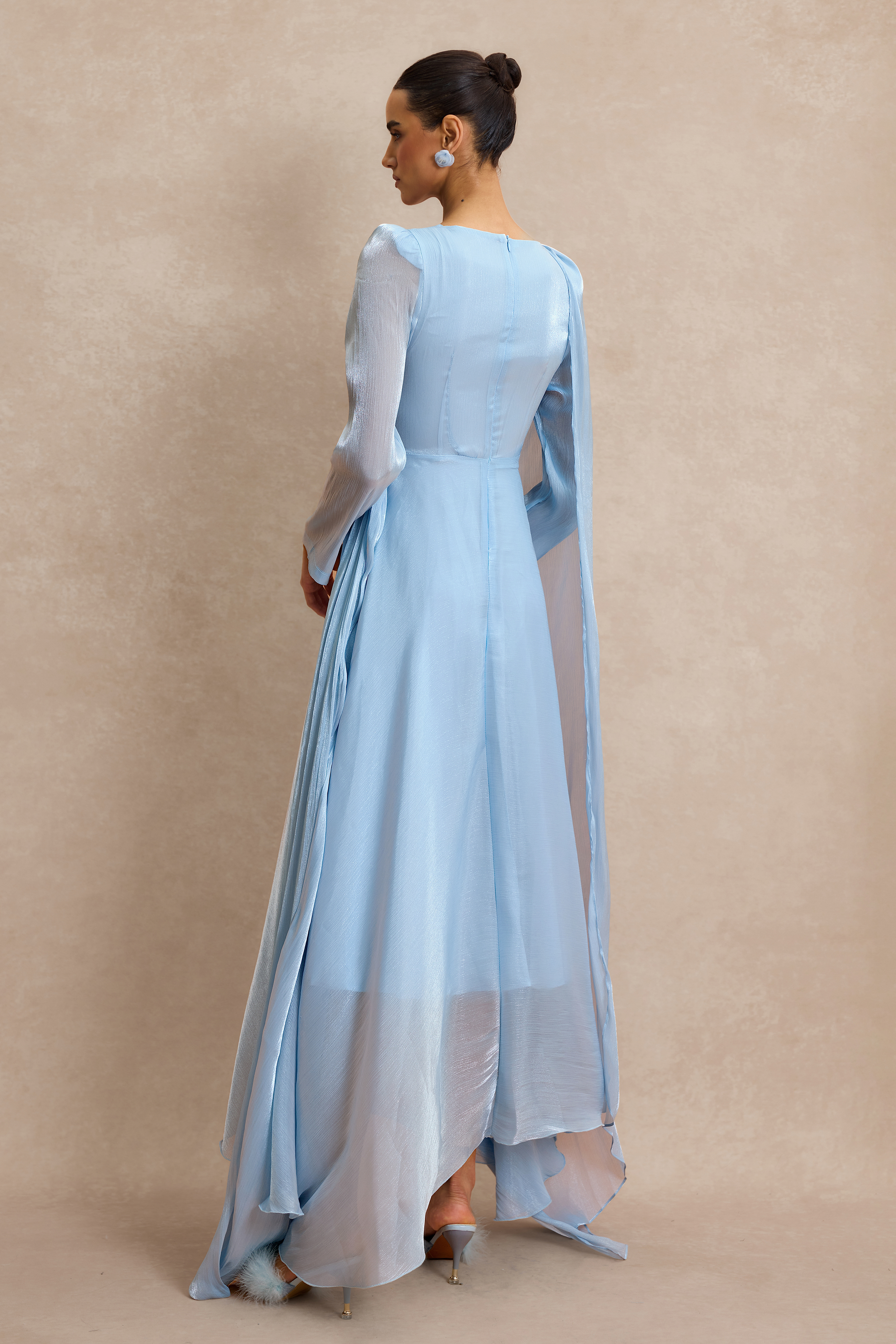 Solid Gathering Asymmetry Hem Cape Maxi Dress