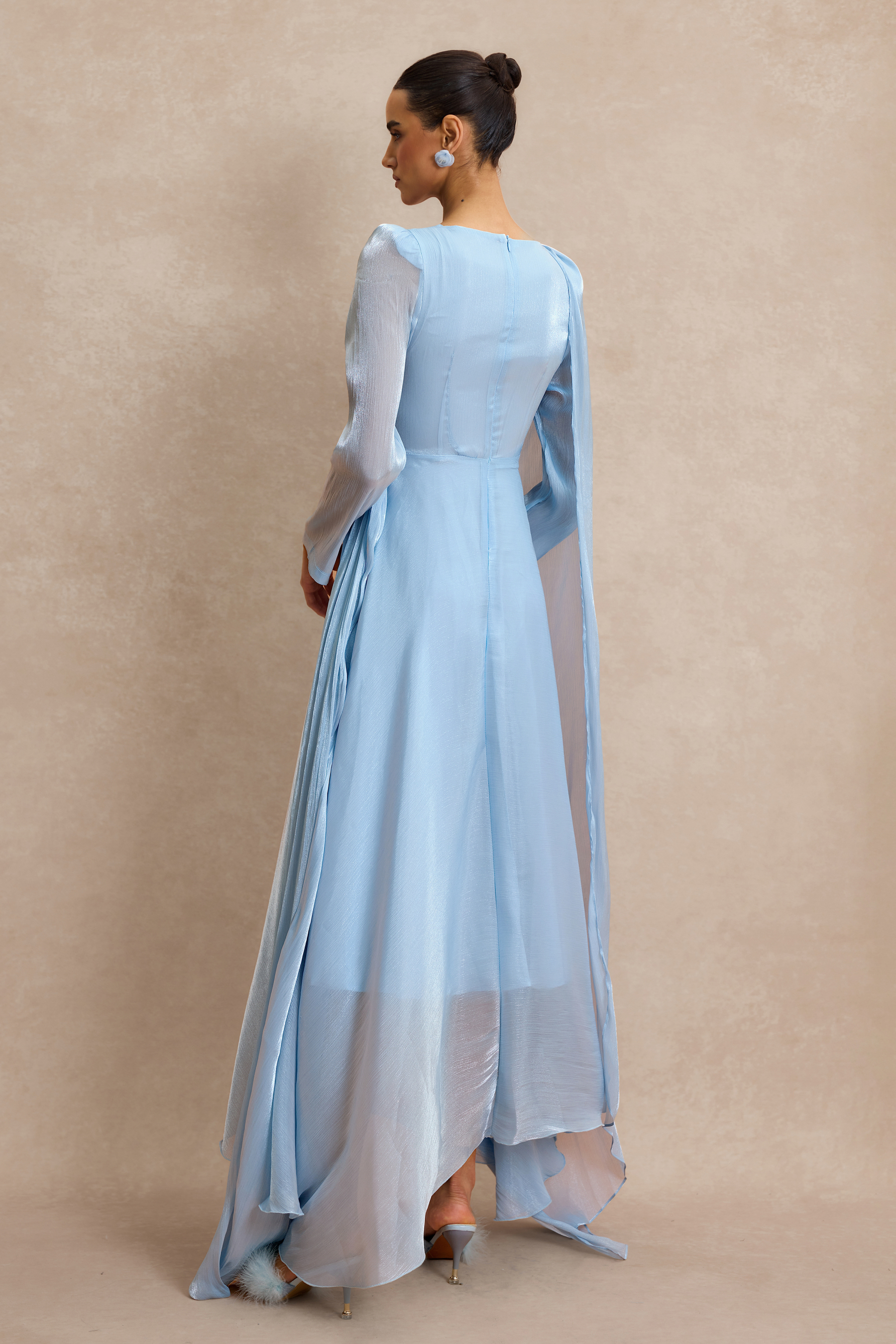 Solid Gathering Asymmetry Hem Cape Maxi Dress
