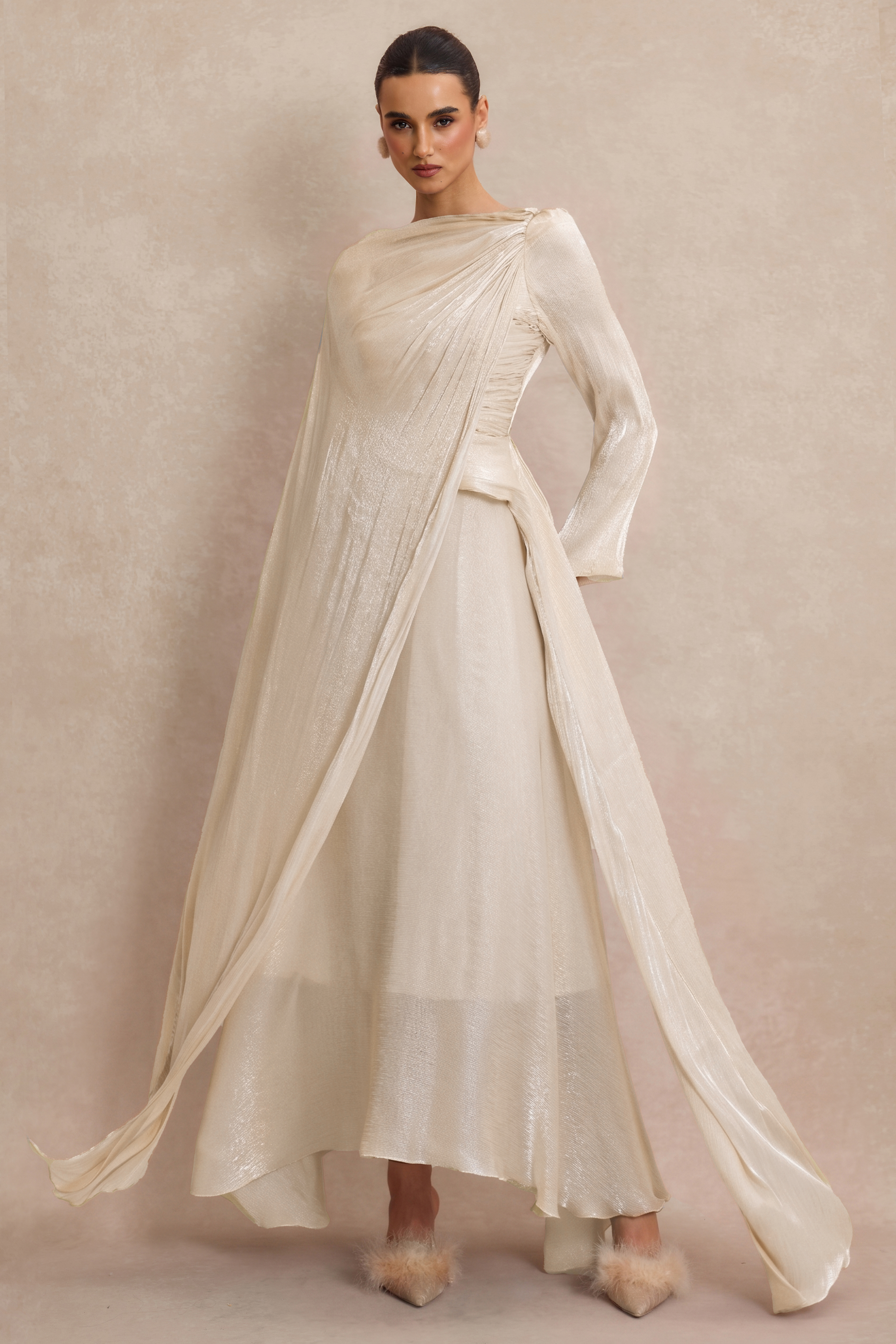 Solid Gathering Asymmetry Hem Cape Maxi Dress