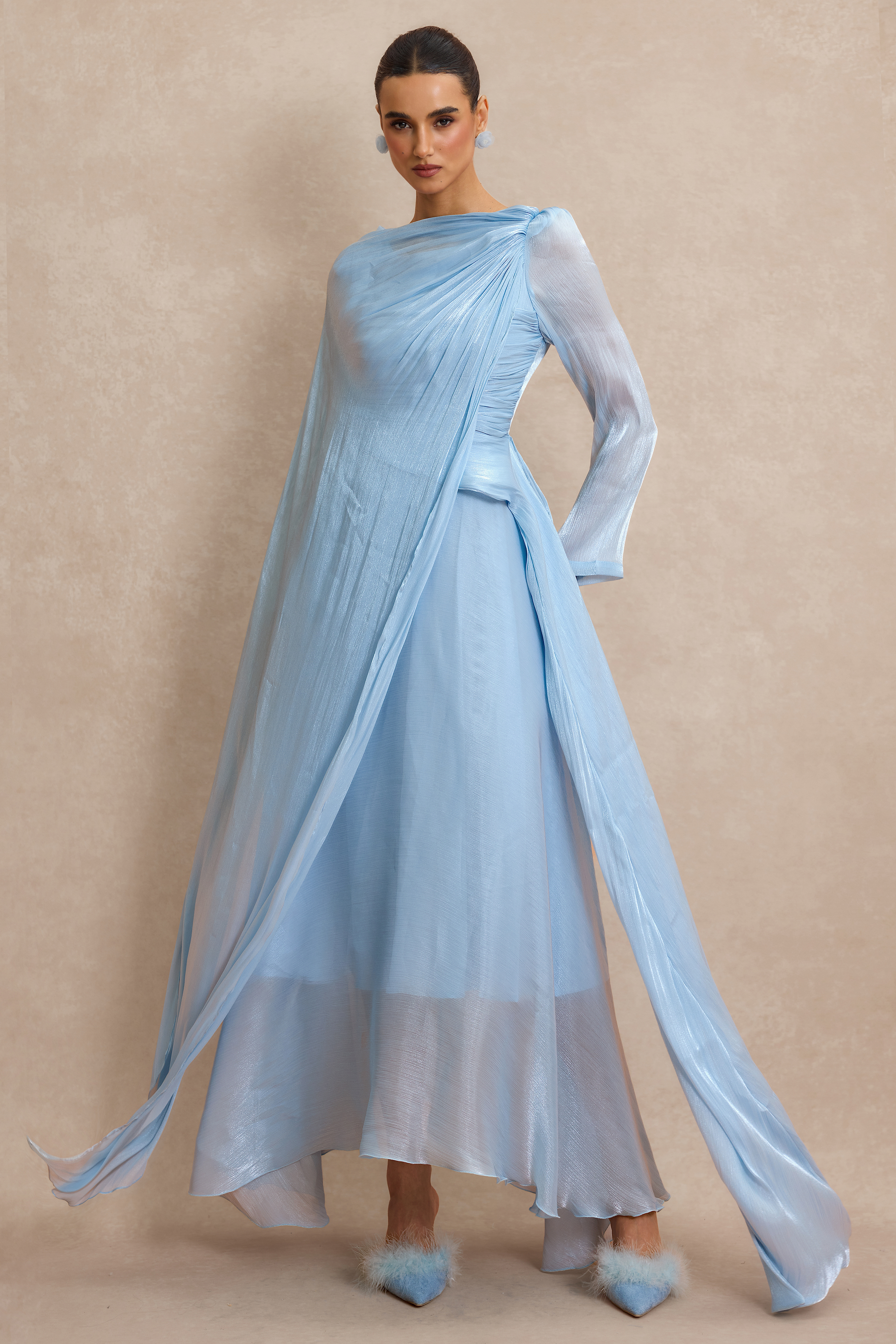 Solid Gathering Asymmetry Hem Cape Maxi Dress