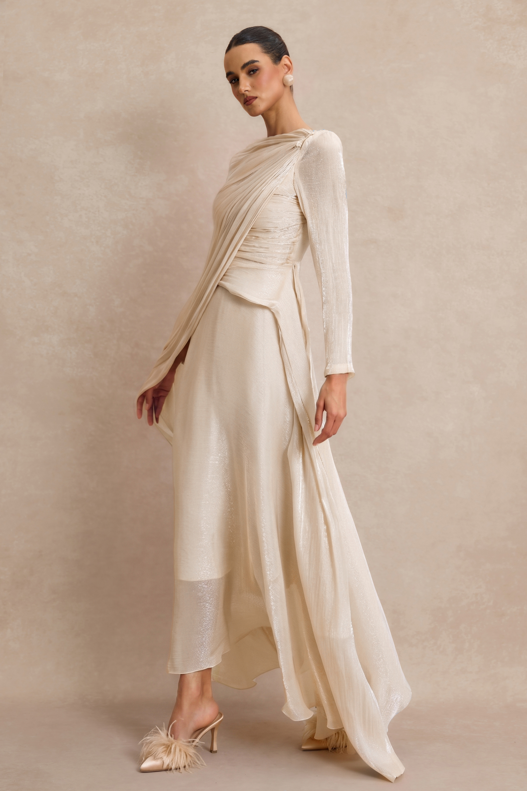 Solid Gathering Asymmetry Hem Cape Maxi Dress