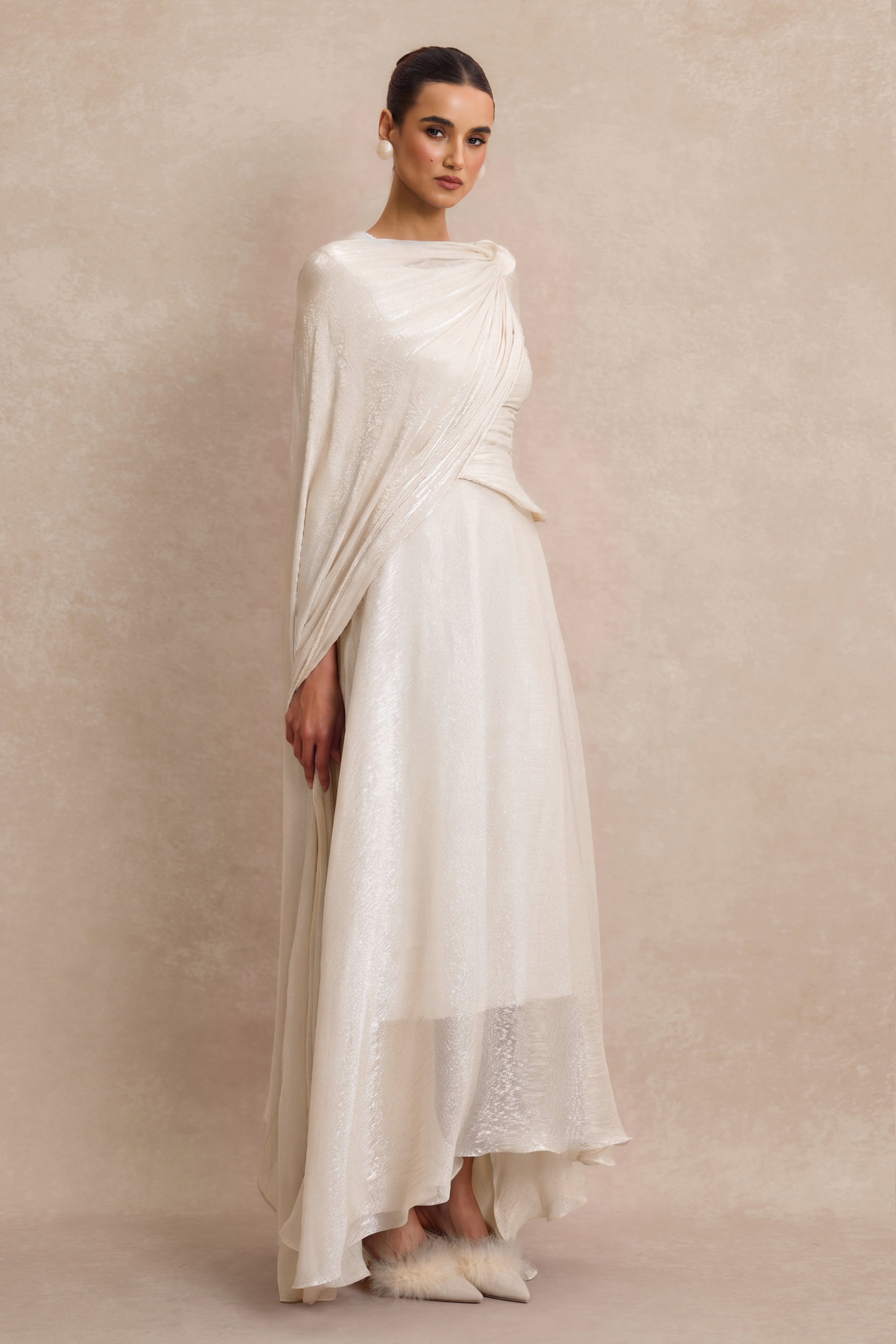 Solid Gathering Asymmetry Hem Cape Maxi Dress
