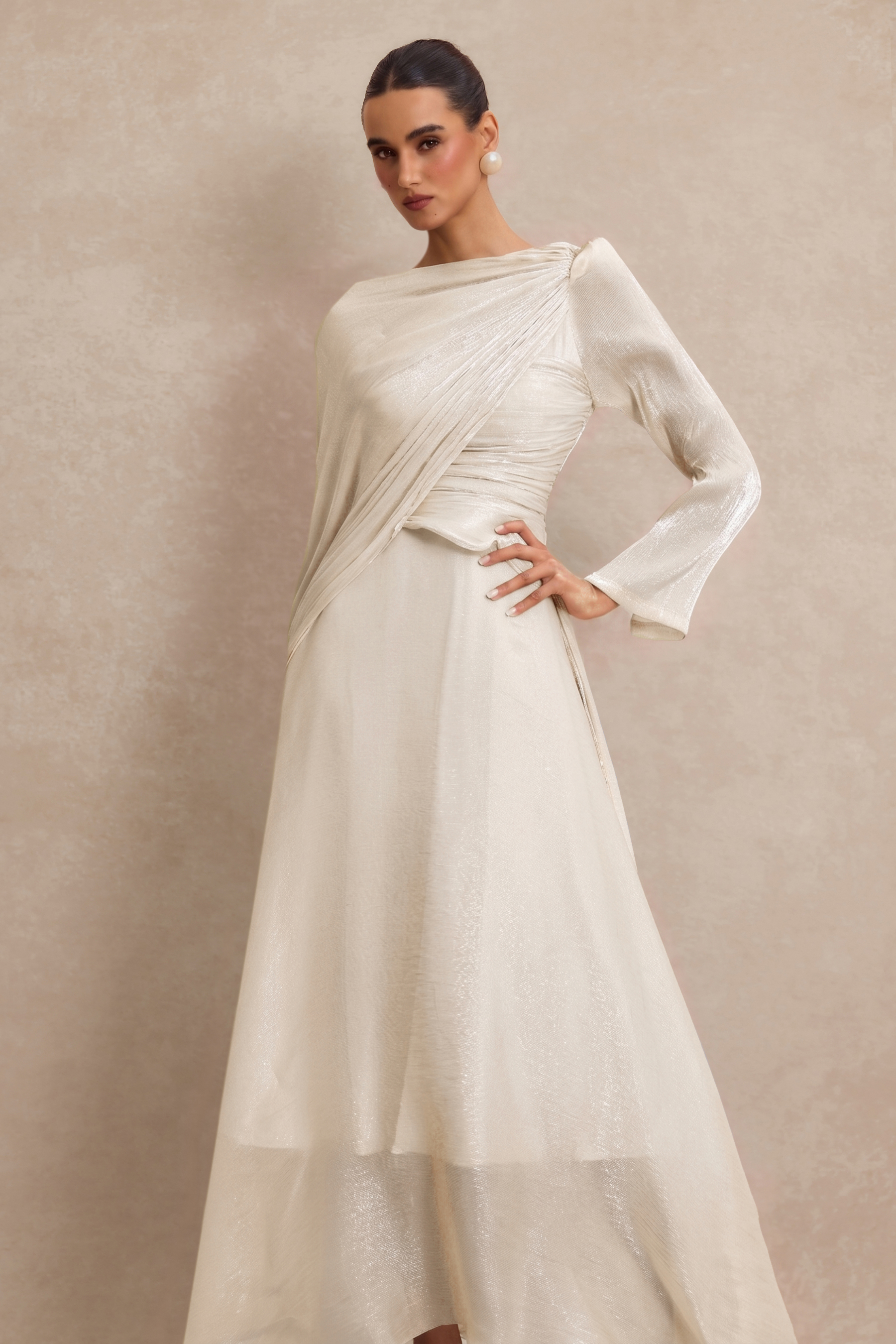 Solid Gathering Asymmetry Hem Cape Maxi Dress