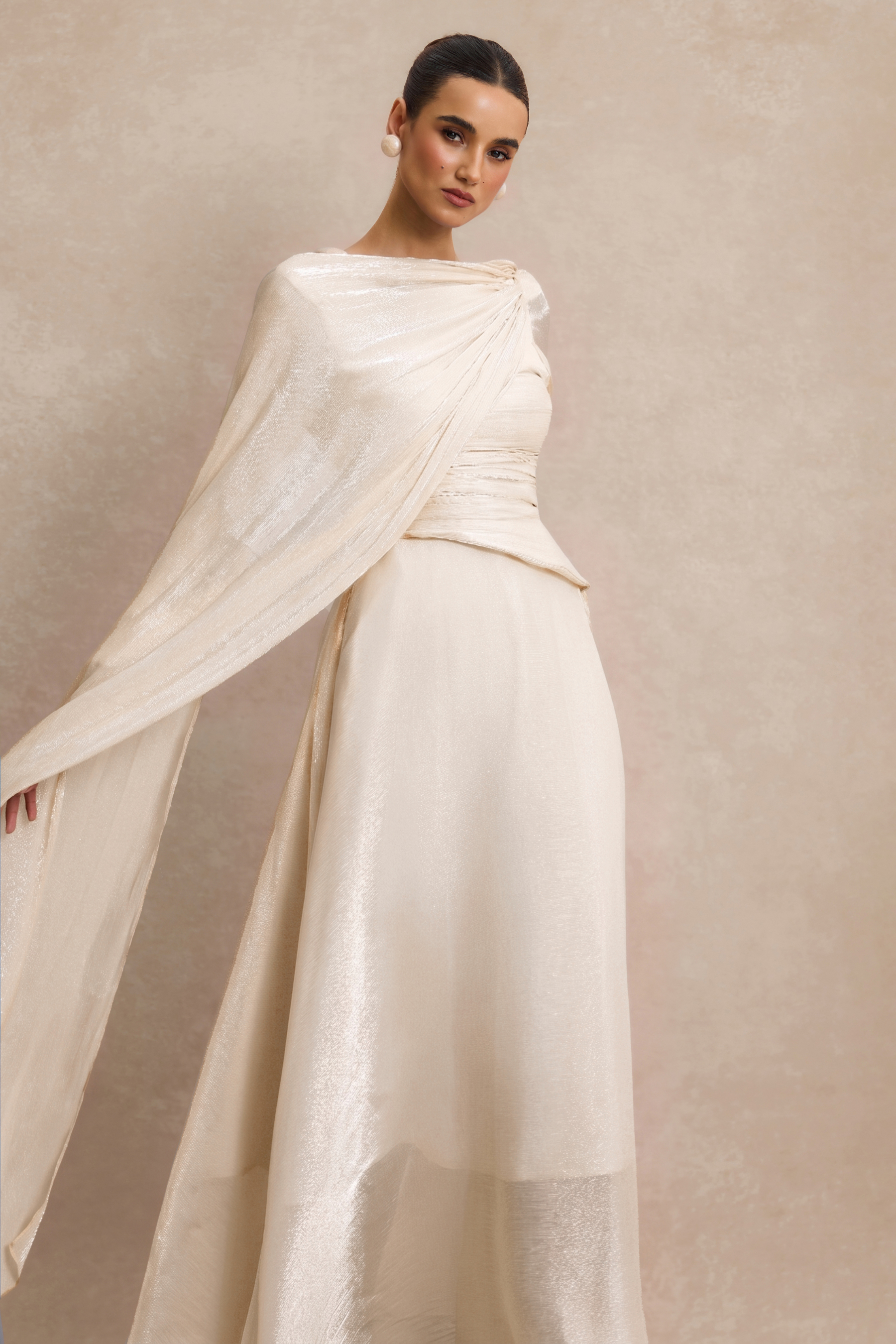 Solid Gathering Asymmetry Hem Cape Maxi Dress