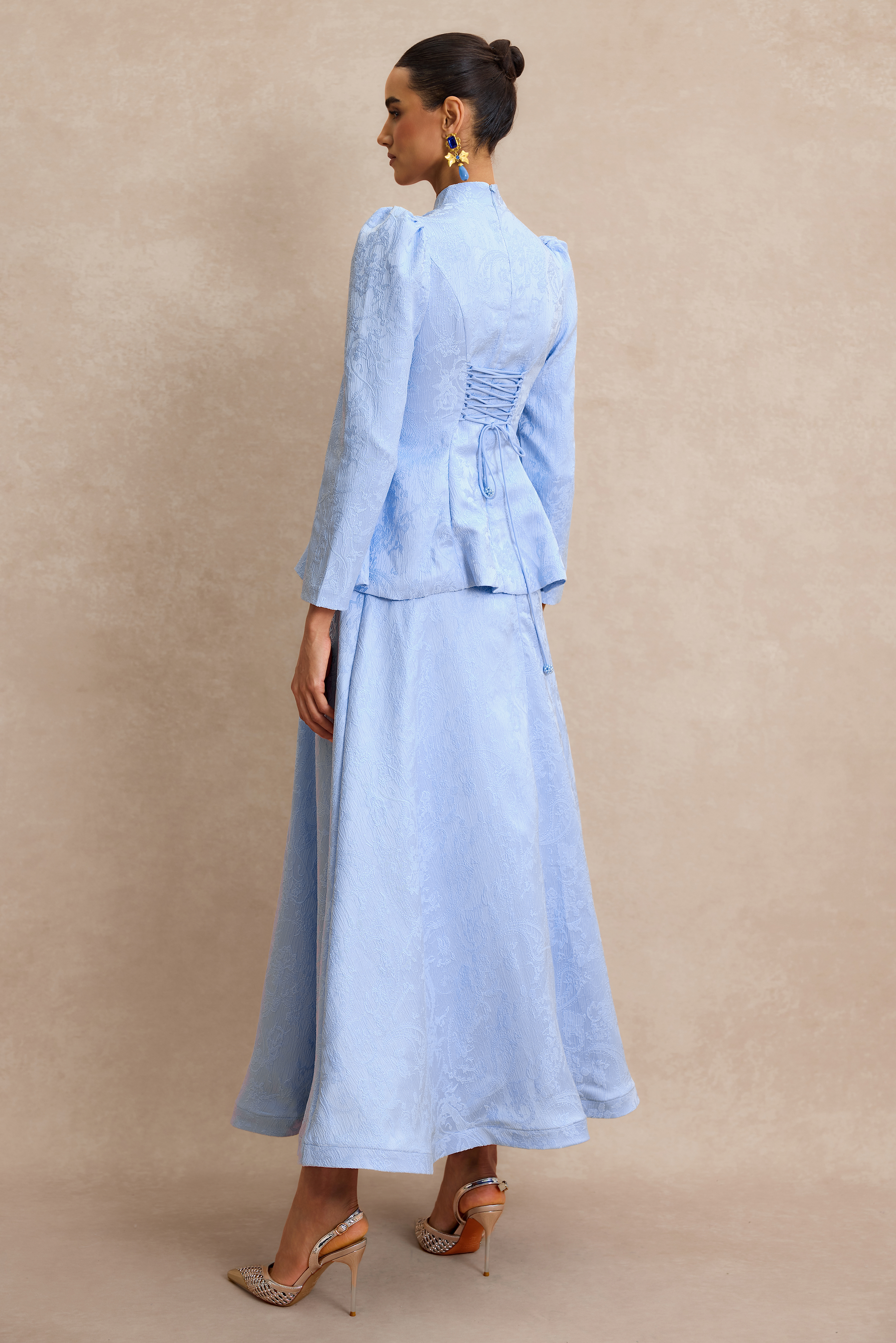 Nail Bead Embroidery Jacquard Top & High Waist Midi Skirt Set